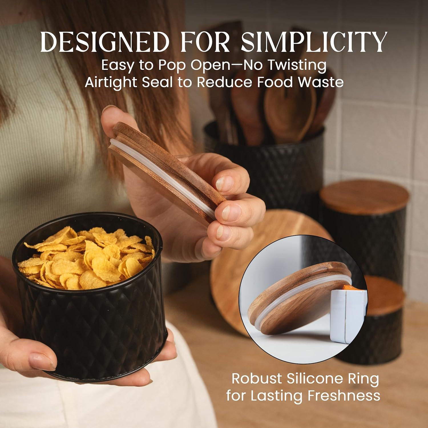 Juego de 6 tarros de almacenamiento Alasitas - Metal negro con tapas de madera