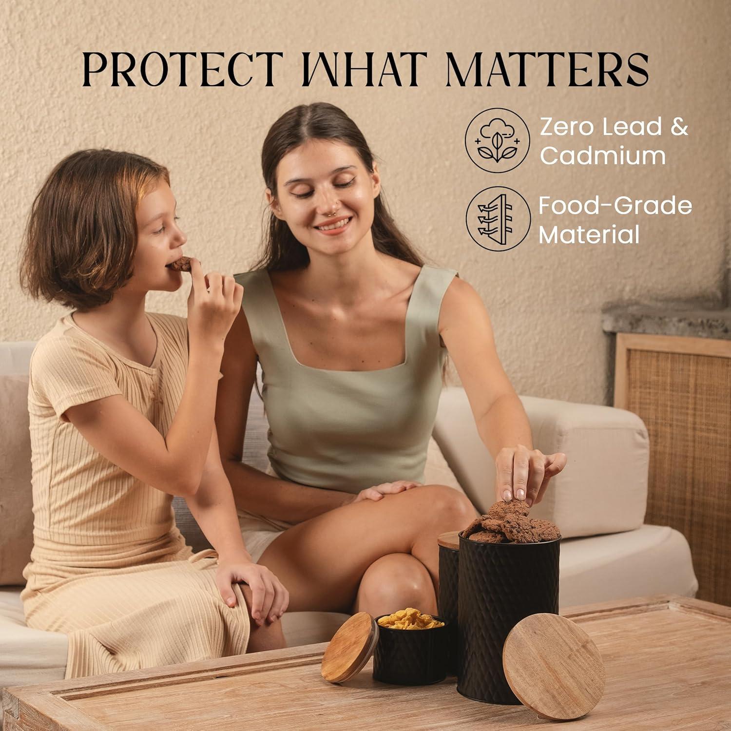 Juego de 6 tarros de almacenamiento Alasitas - Metal negro con tapas de madera