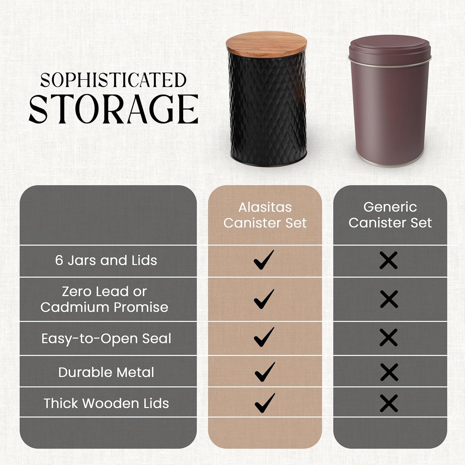 Juego de 6 tarros de almacenamiento Alasitas - Metal negro con tapas de madera