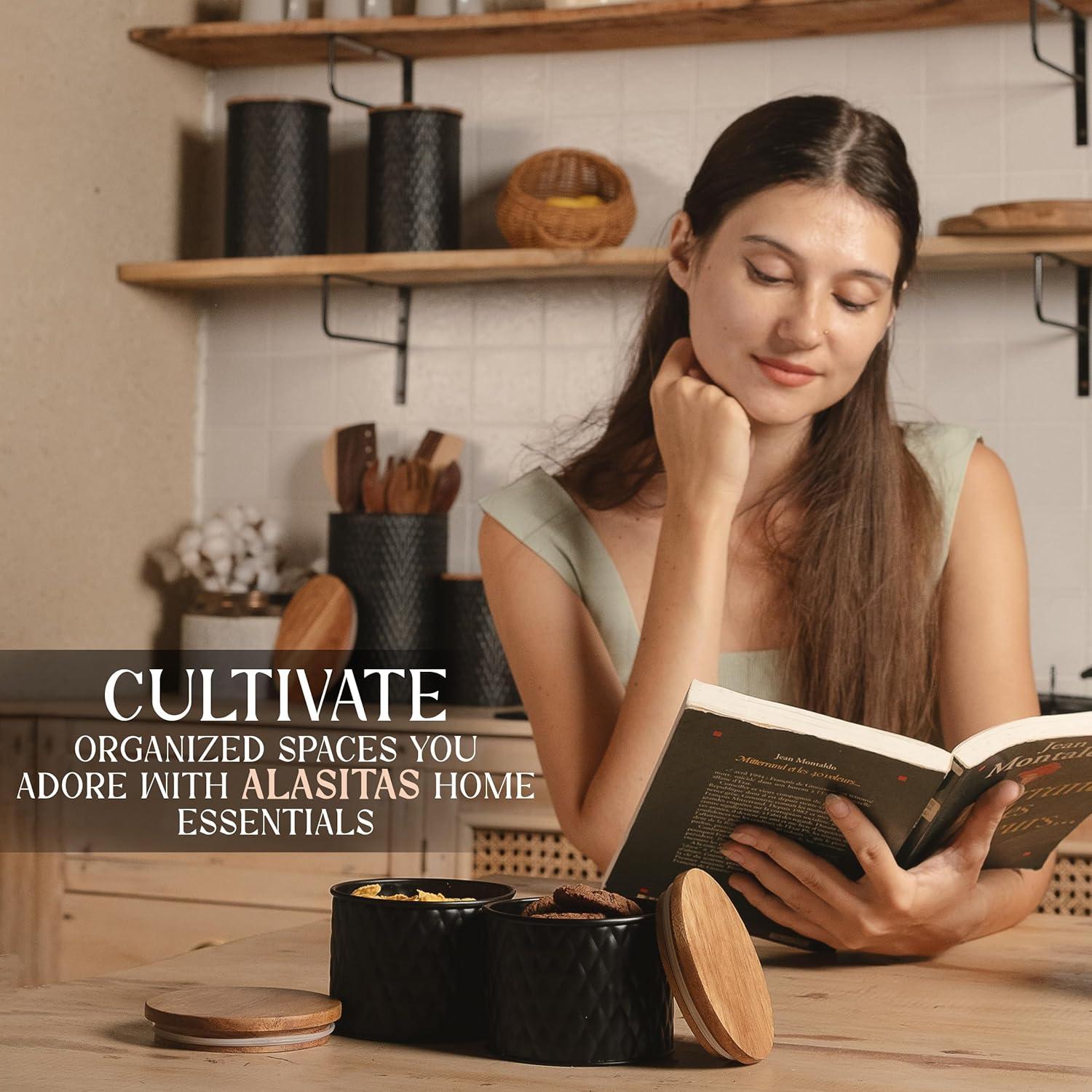 Juego de 6 tarros de almacenamiento Alasitas - Metal negro con tapas de madera