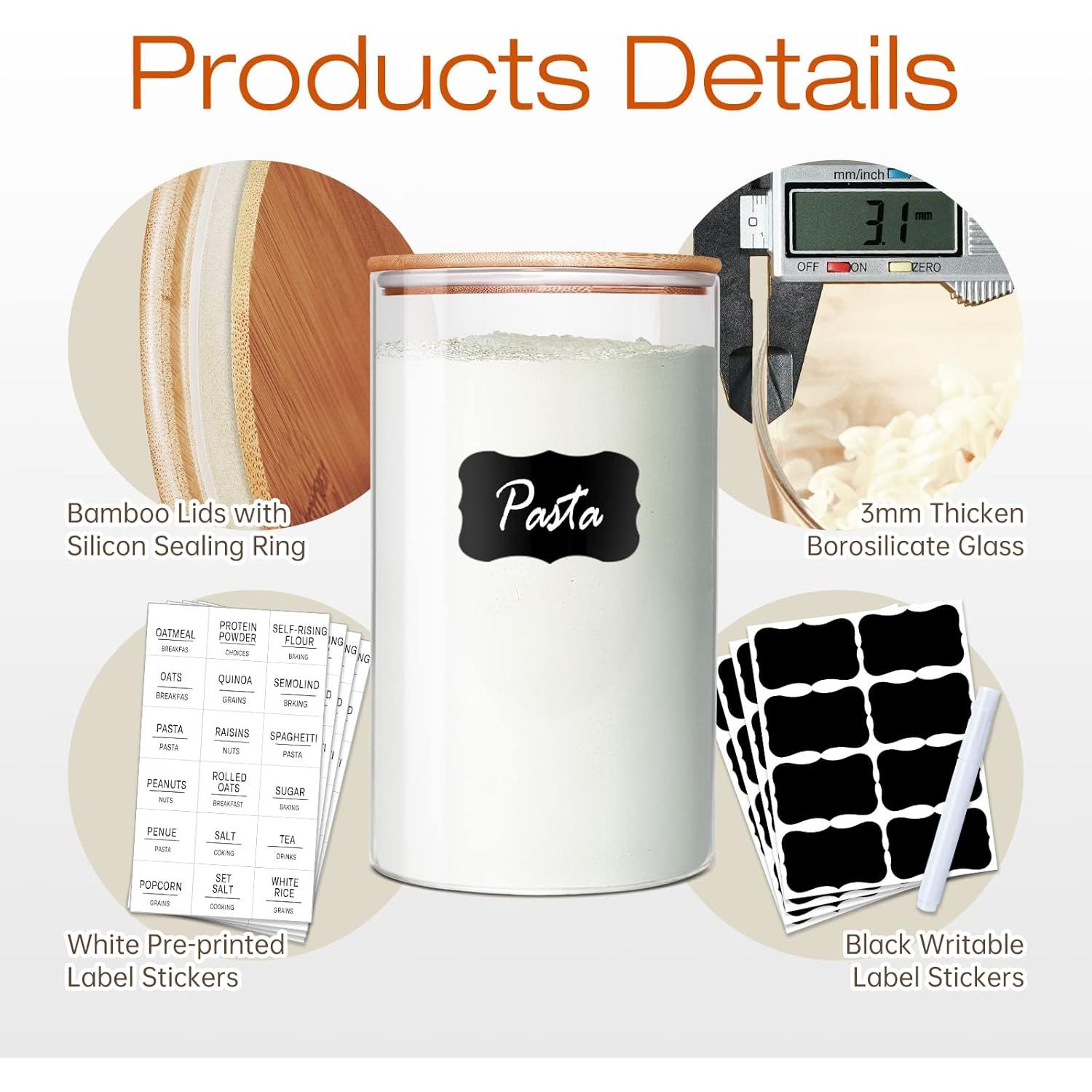 Large Glass Flour and Sugar Containers 180oz x2 [Set of 2], Glass Food Storage Containers with Bamboo Lids, Glass Jar with Airtight Lids for Spaghetti Pasta,Rice,Cereal,Candy,Coffee, Oat