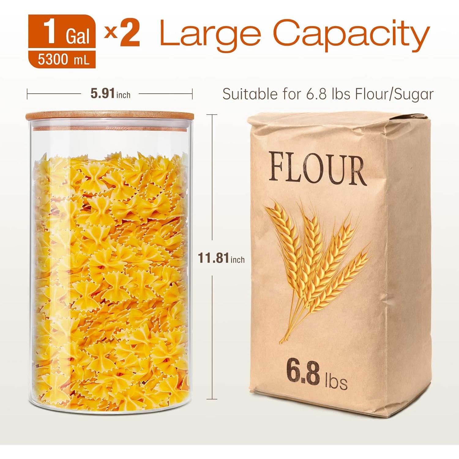 Large Glass Flour and Sugar Containers 180oz x2 [Set of 2], Glass Food Storage Containers with Bamboo Lids, Glass Jar with Airtight Lids for Spaghetti Pasta,Rice,Cereal,Candy,Coffee, Oat