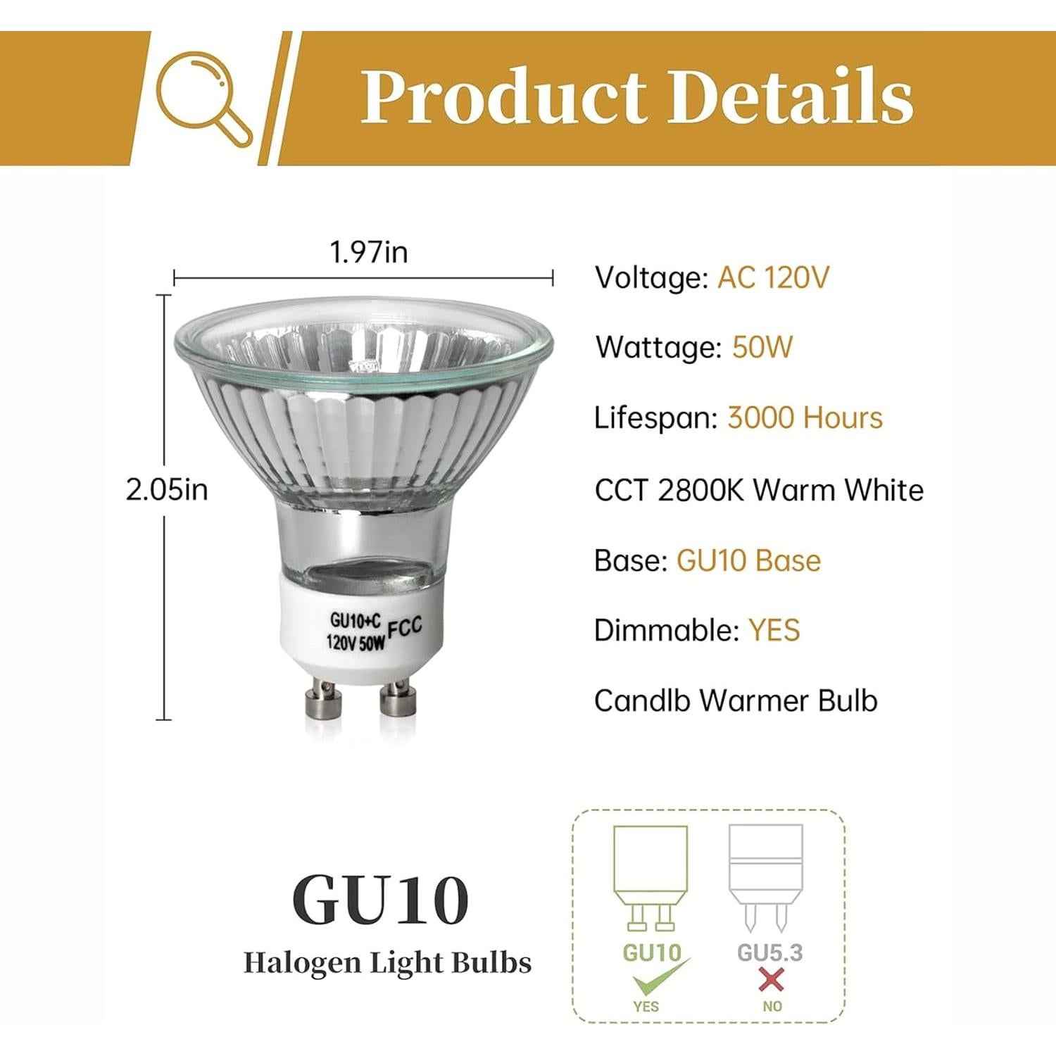 Bombilla Halógena GU10 Elenhome 50W Regulable 2800K 2 Piezas