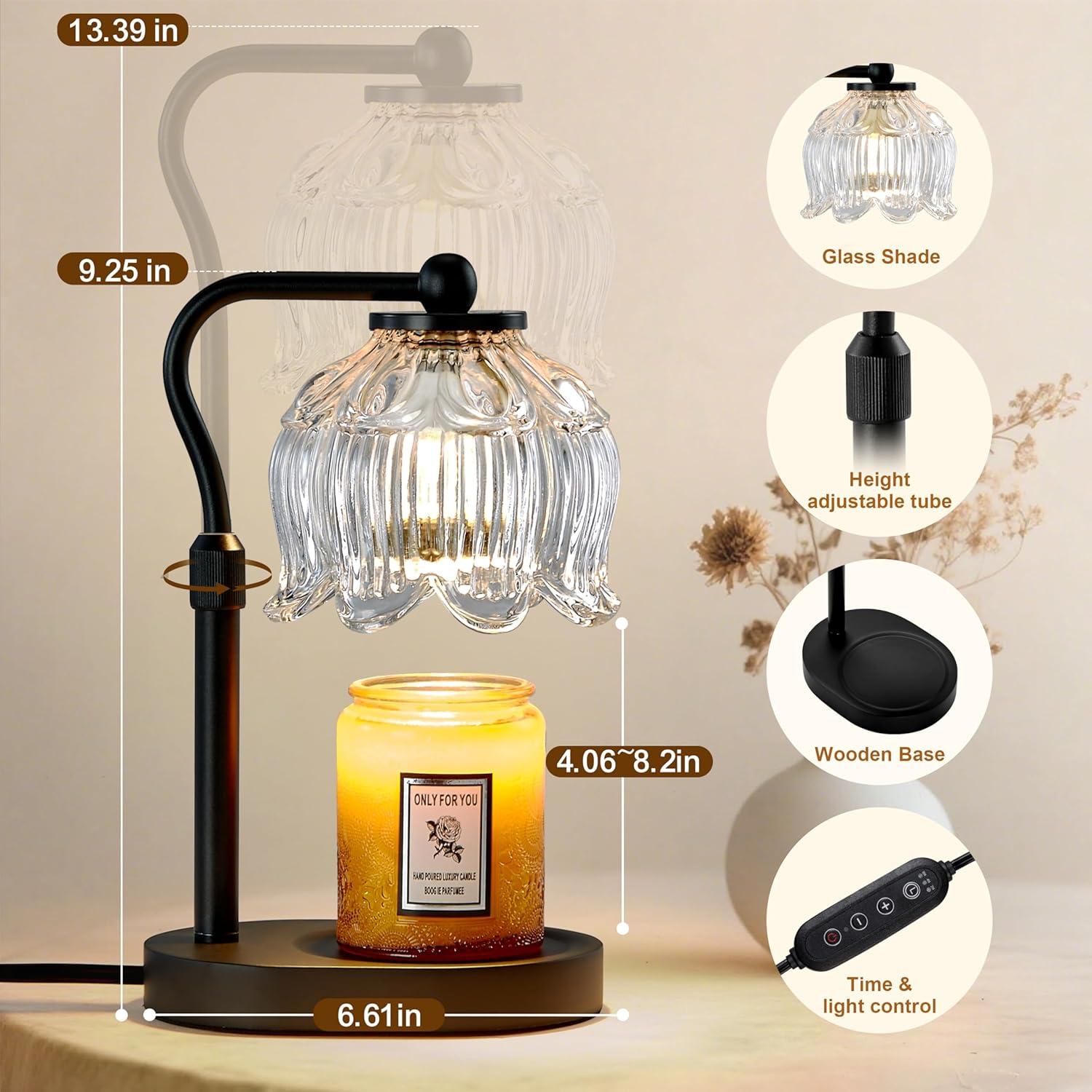 CASTLELIFE Candle Warmer Lamp with Timer & Stepless Dimming, Height Adjustable Electric Wax Warmer for Jar Candles, Flower Wax Melter with Wood Base, Gifts for Women Home Decor, Black Wood