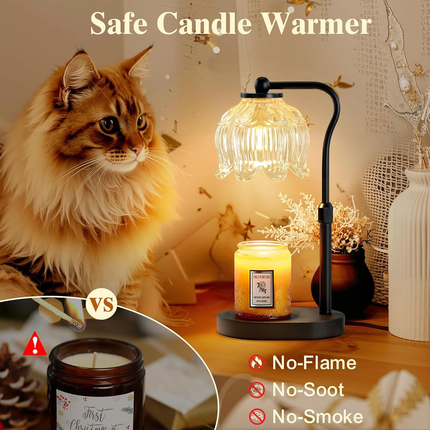 CASTLELIFE Candle Warmer Lamp with Timer & Stepless Dimming, Height Adjustable Electric Wax Warmer for Jar Candles, Flower Wax Melter with Wood Base, Gifts for Women Home Decor, Black Wood