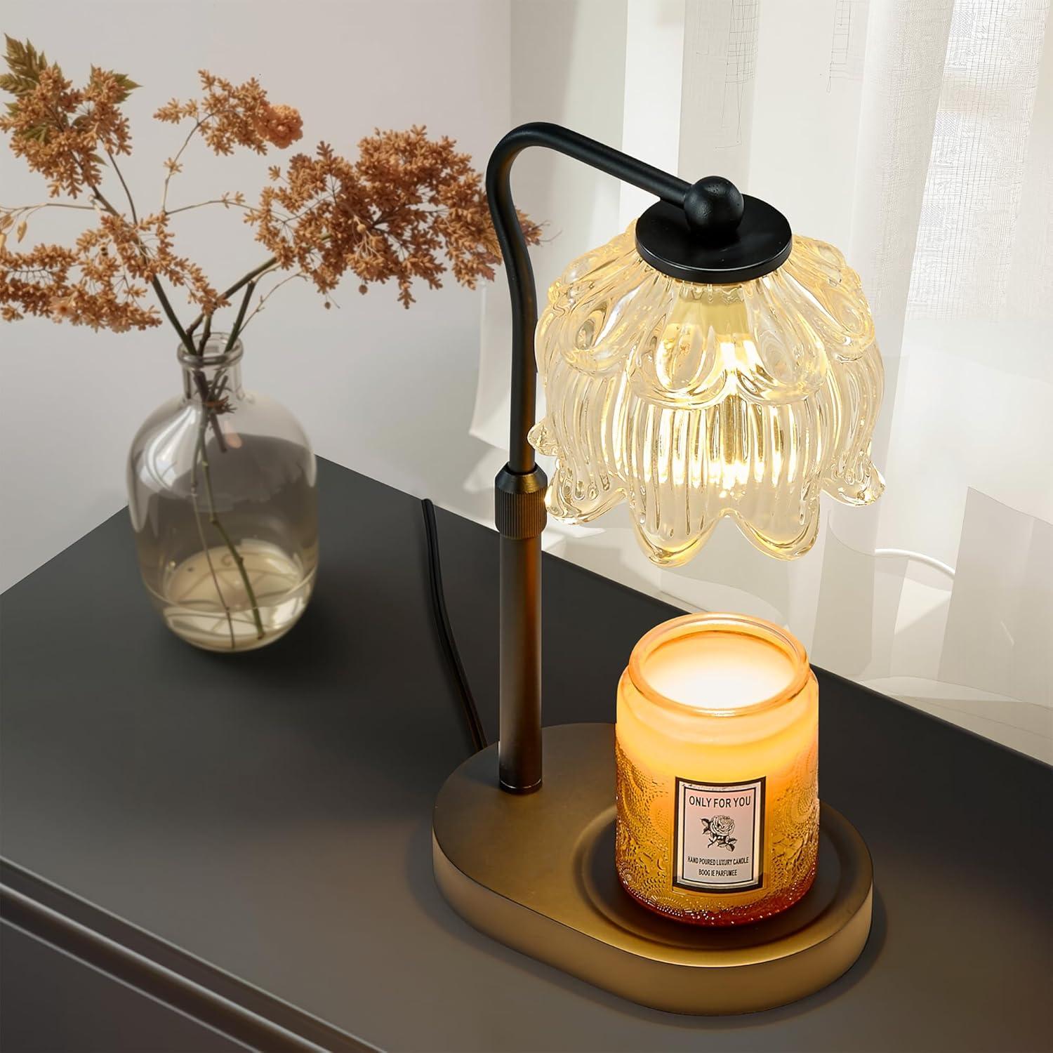 CASTLELIFE Candle Warmer Lamp with Timer & Stepless Dimming, Height Adjustable Electric Wax Warmer for Jar Candles, Flower Wax Melter with Wood Base, Gifts for Women Home Decor, Black Wood