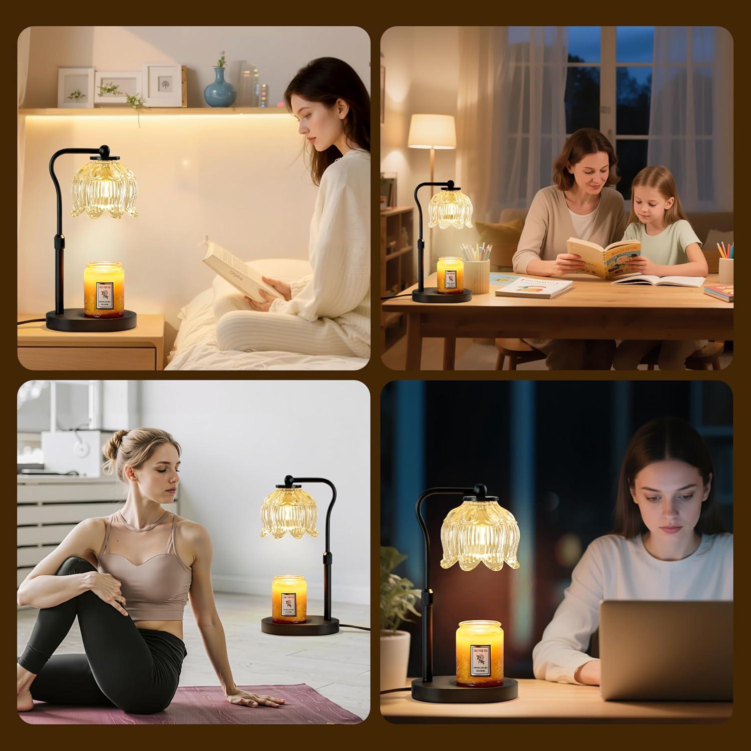 CASTLELIFE Candle Warmer Lamp with Timer & Stepless Dimming, Height Adjustable Electric Wax Warmer for Jar Candles, Flower Wax Melter with Wood Base, Gifts for Women Home Decor, Black Wood