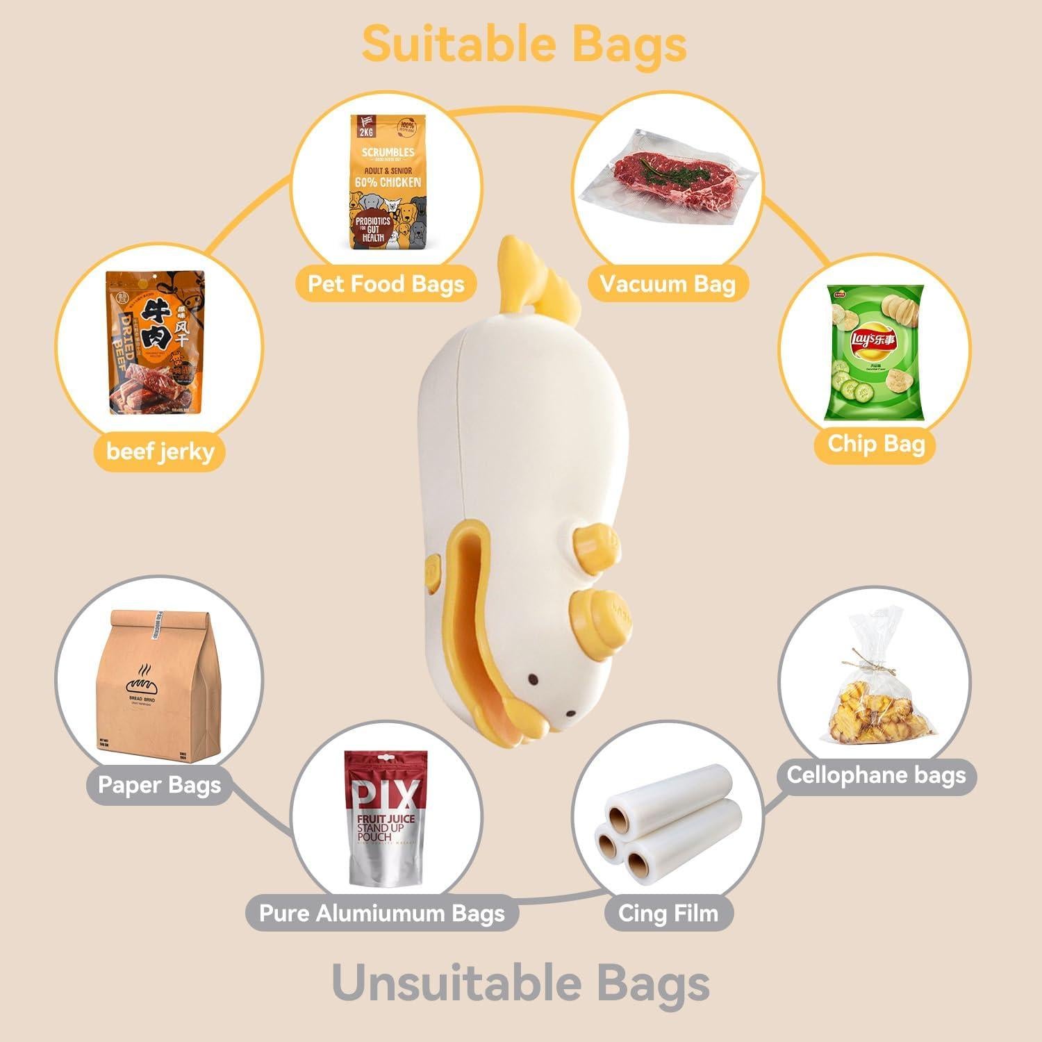 Sello de Bolsa Mini 2 en 1 PATO Recargable USB con Cortador