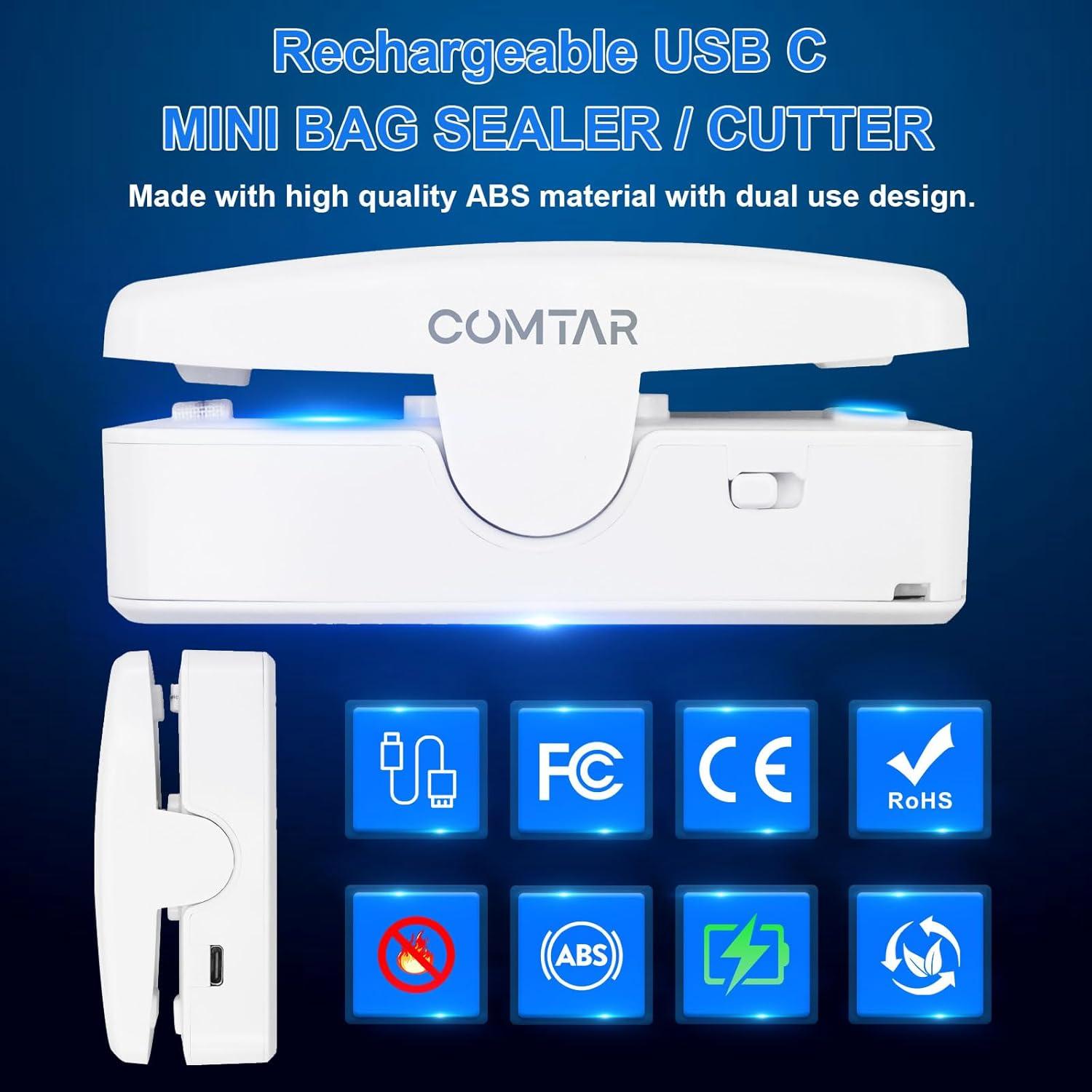 Mini Sello de Bolsas COMTAR Recargable USB-C 2-en-1 Blanco