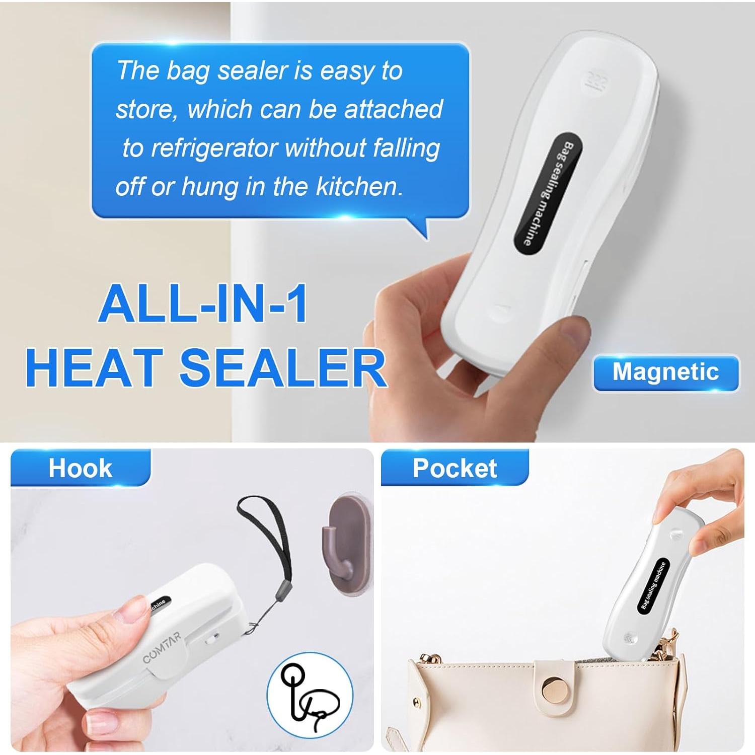 Mini Sello de Bolsas COMTAR Recargable USB-C 2-en-1 Blanco