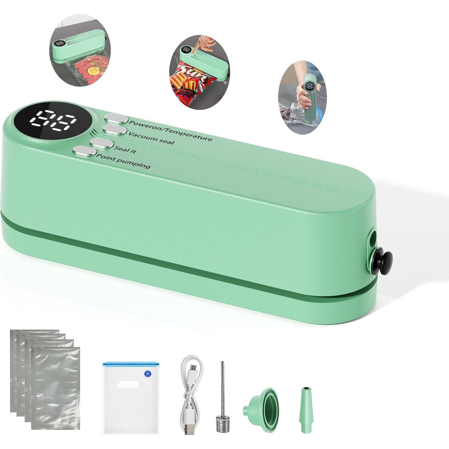 Sellador de Bolsas Mini Inalámbrico Honkpop 3 en 1 Verde