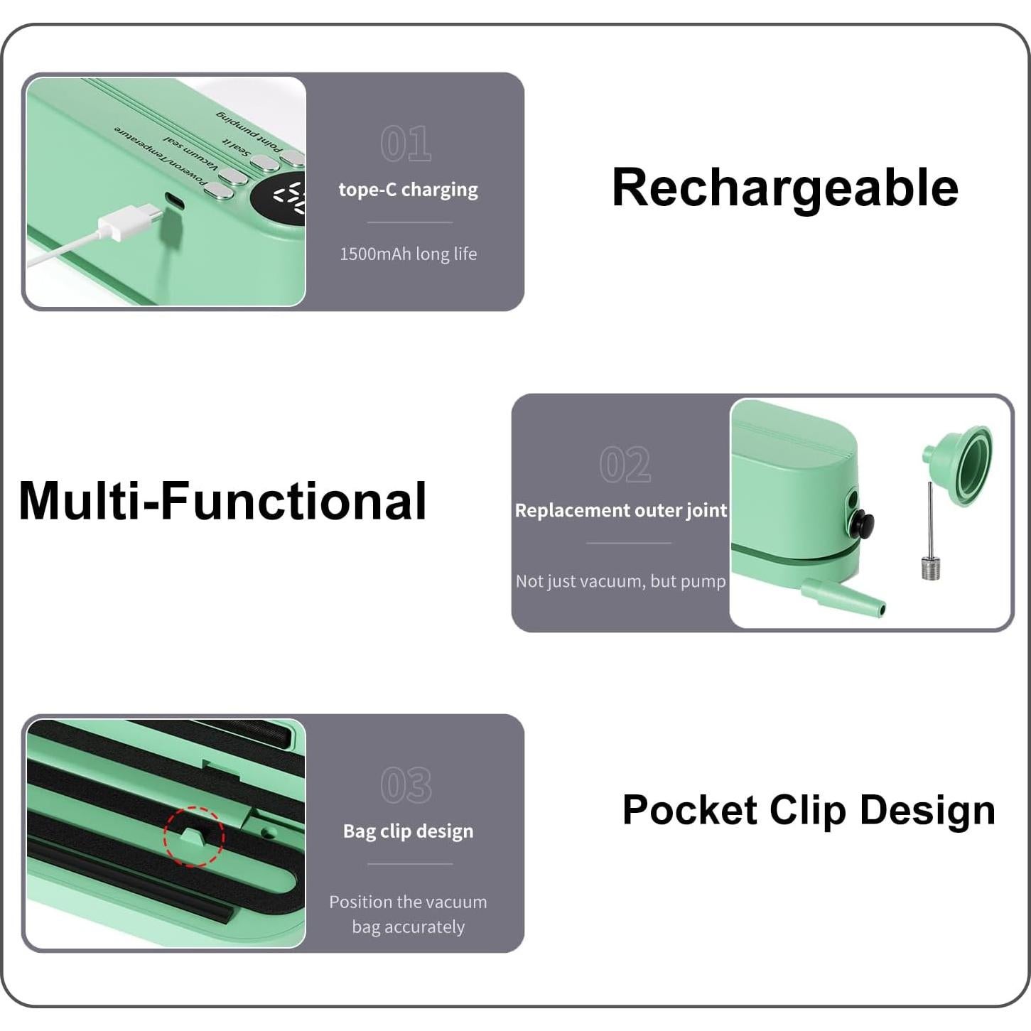 Sellador de Bolsas Mini Inalámbrico Honkpop 3 en 1 Verde