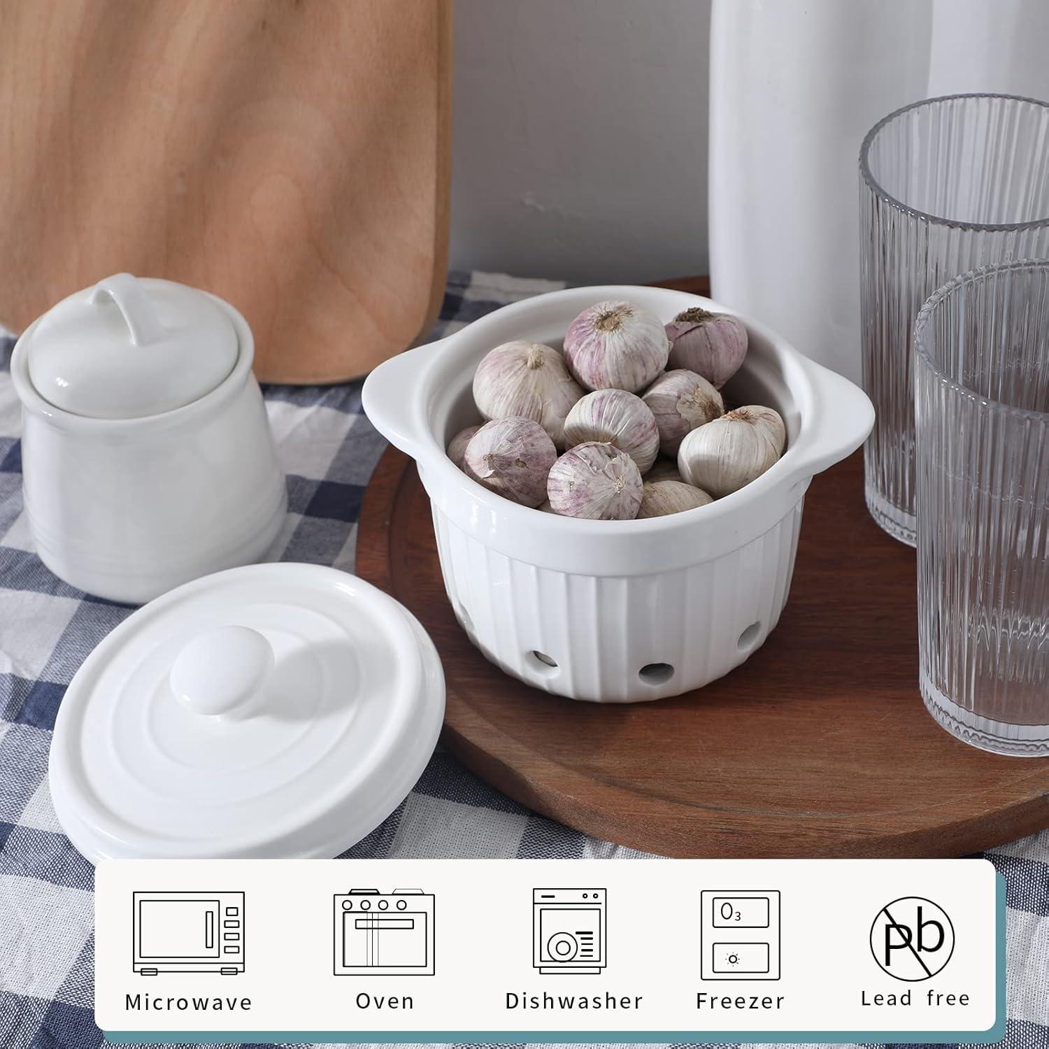 Contenedor de Ajo HAOTOP de Cerámica con Tapa - 480 ml Blanco