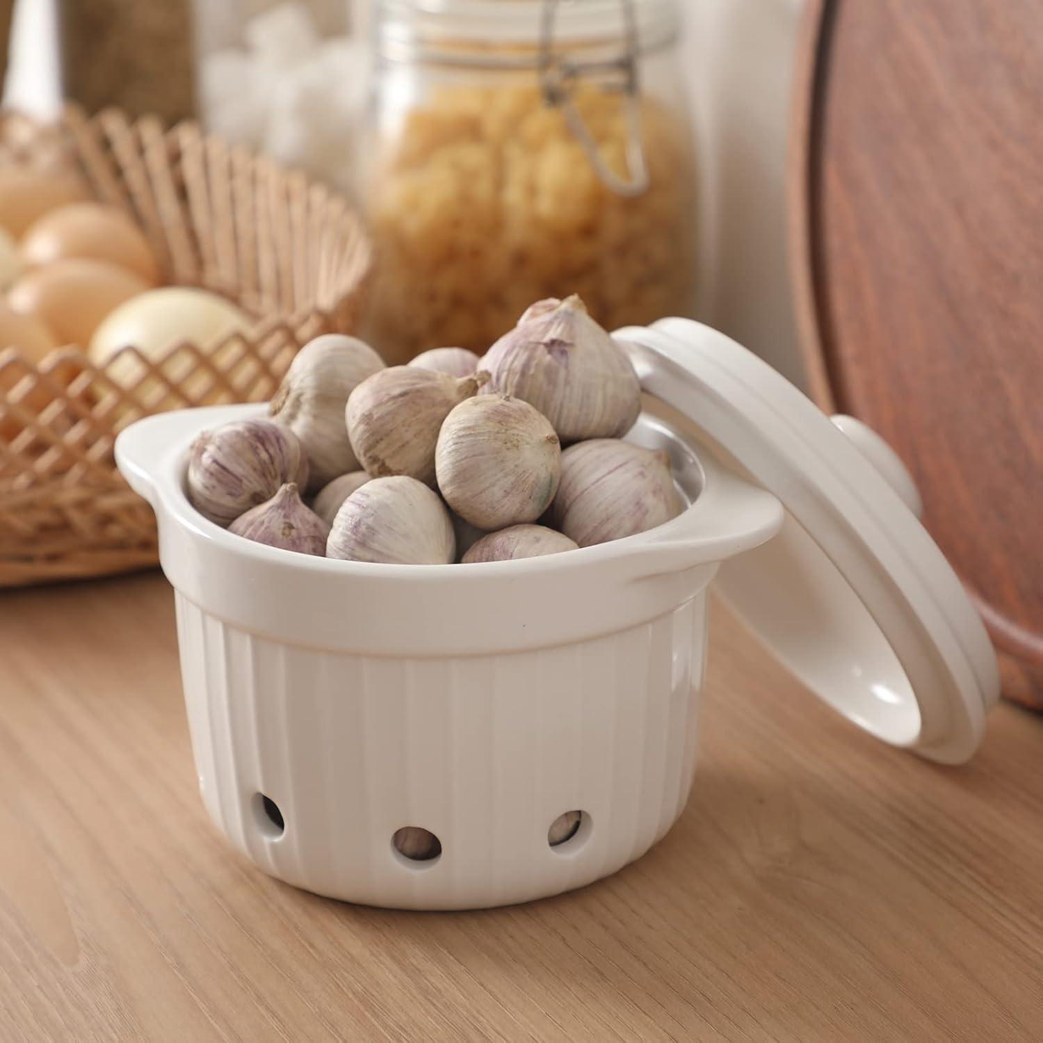 Contenedor de Ajo HAOTOP de Cerámica con Tapa - 480 ml Blanco