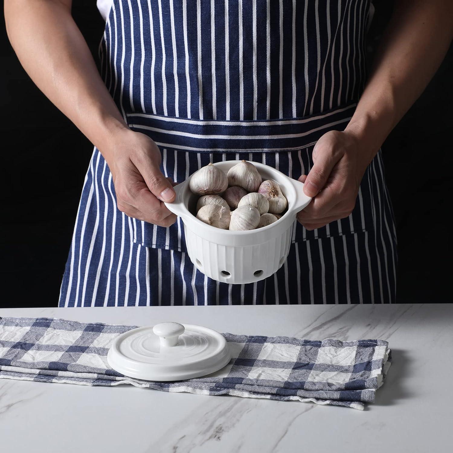 Contenedor de Ajo HAOTOP de Cerámica con Tapa - 480 ml Blanco