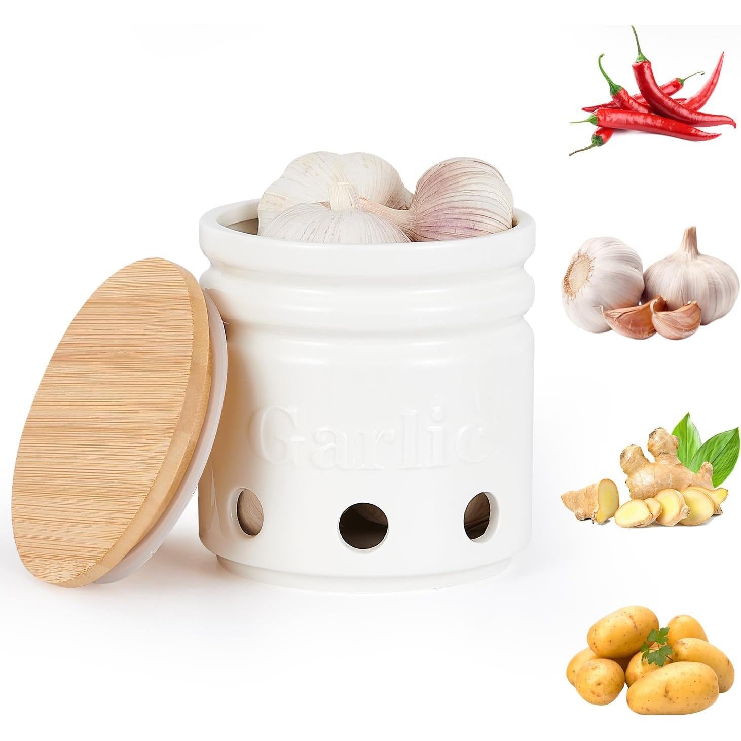 Contenedor de Ajo Cerámico Arglife con Tapa de Bambú 11.9 cm