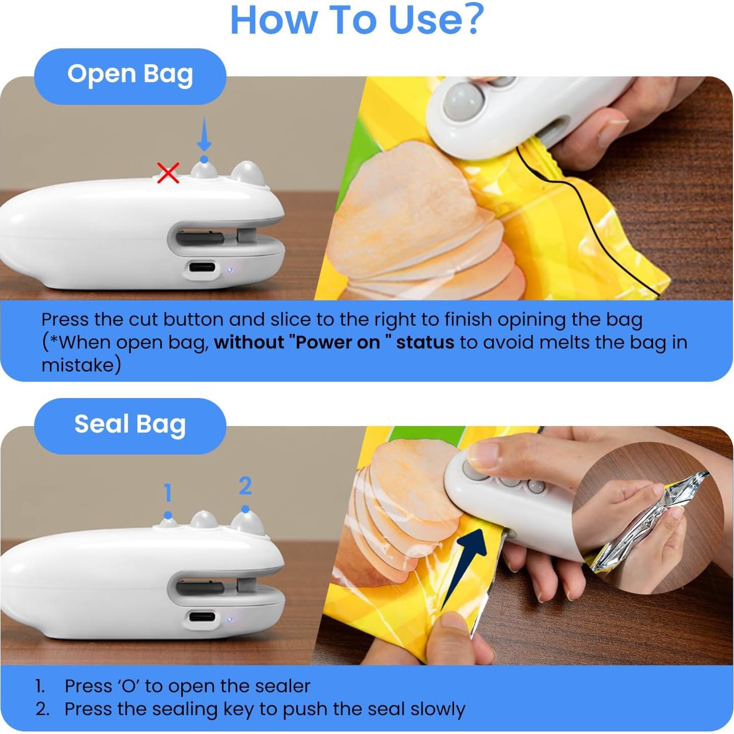 Mini Sello de Bolsas Recargable Lartedaux 2 en 1 Blanco