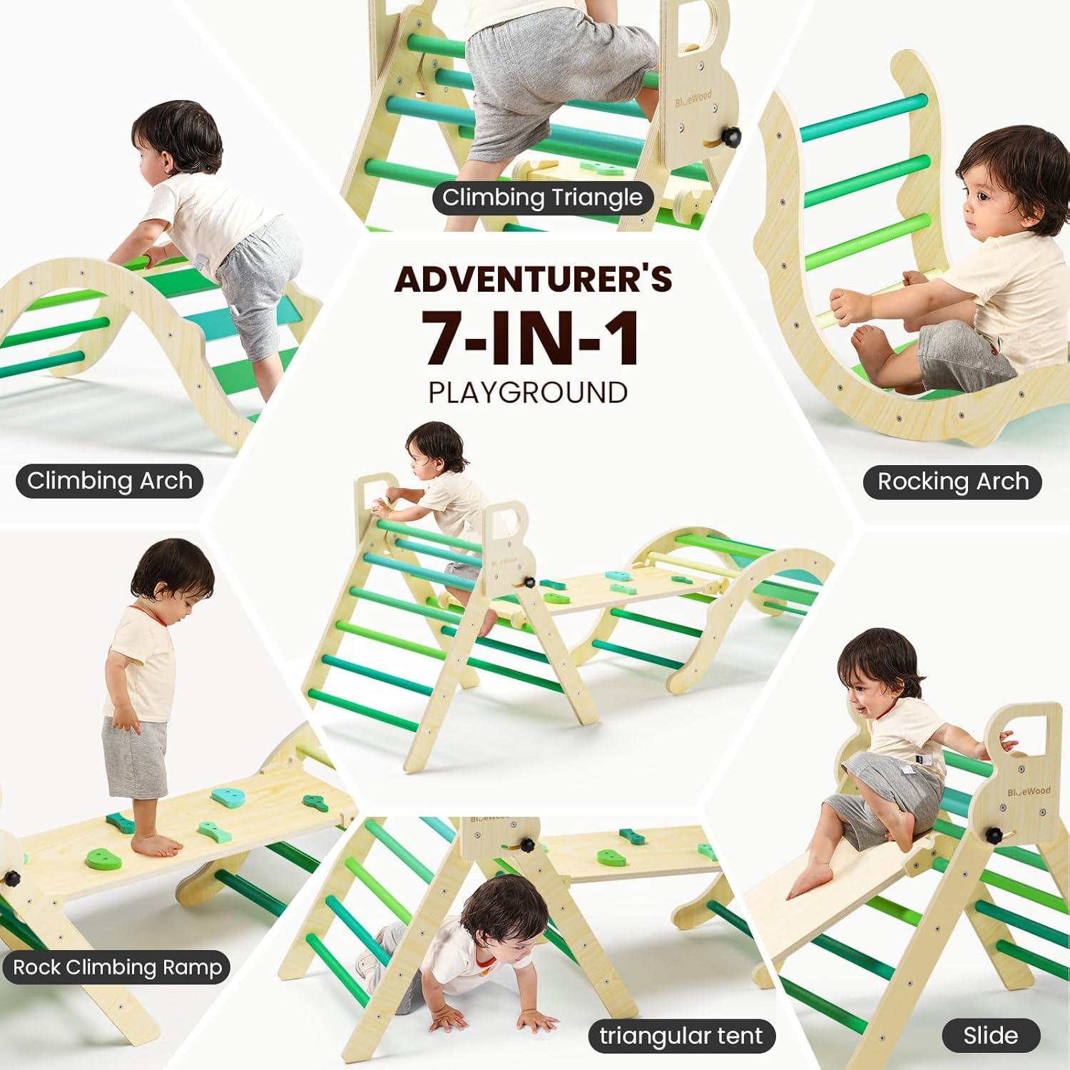 Conjunto Triángulo Pikler BlueWood 7 en 1 para Niños Verde