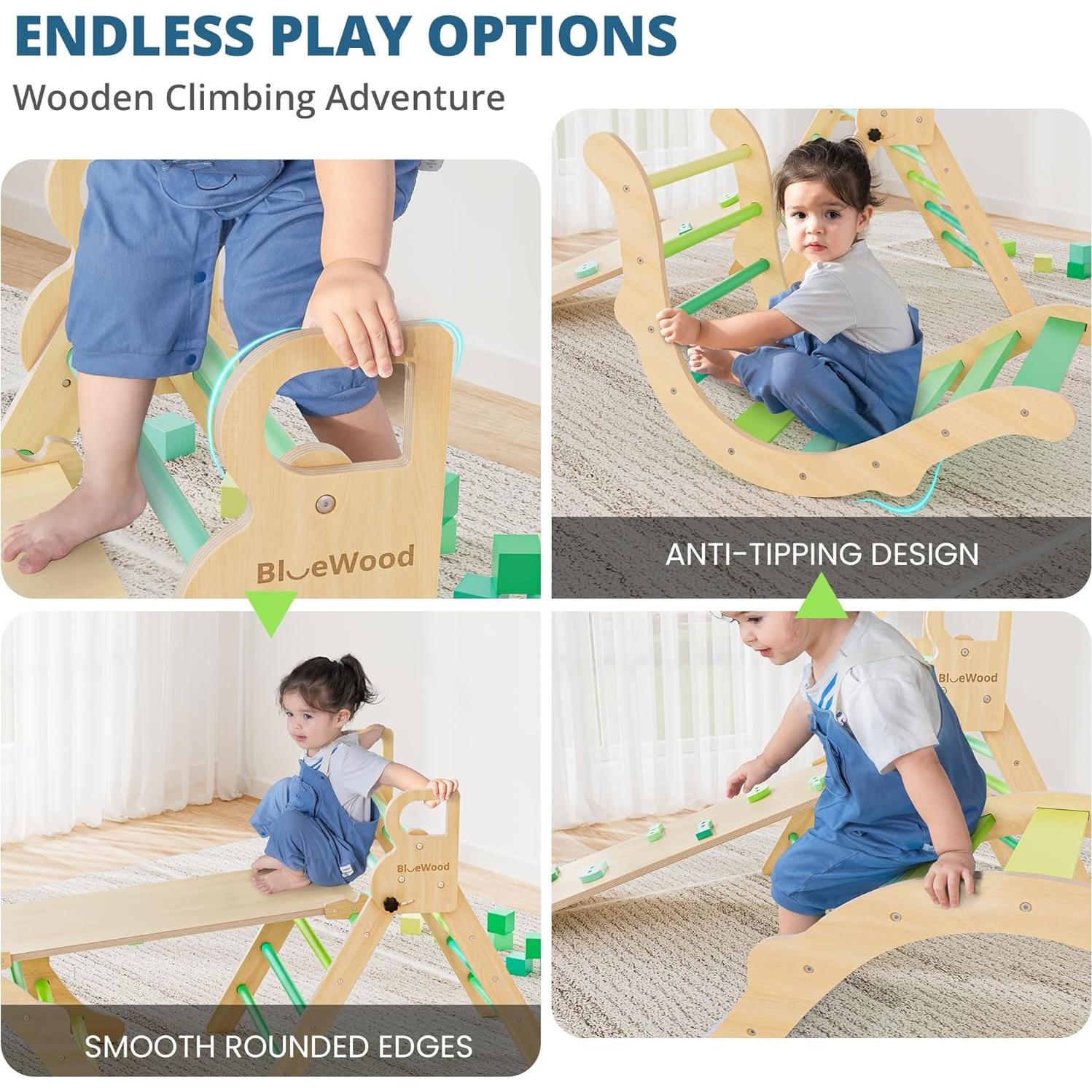 Conjunto Triángulo Pikler BlueWood 7 en 1 para Niños Verde