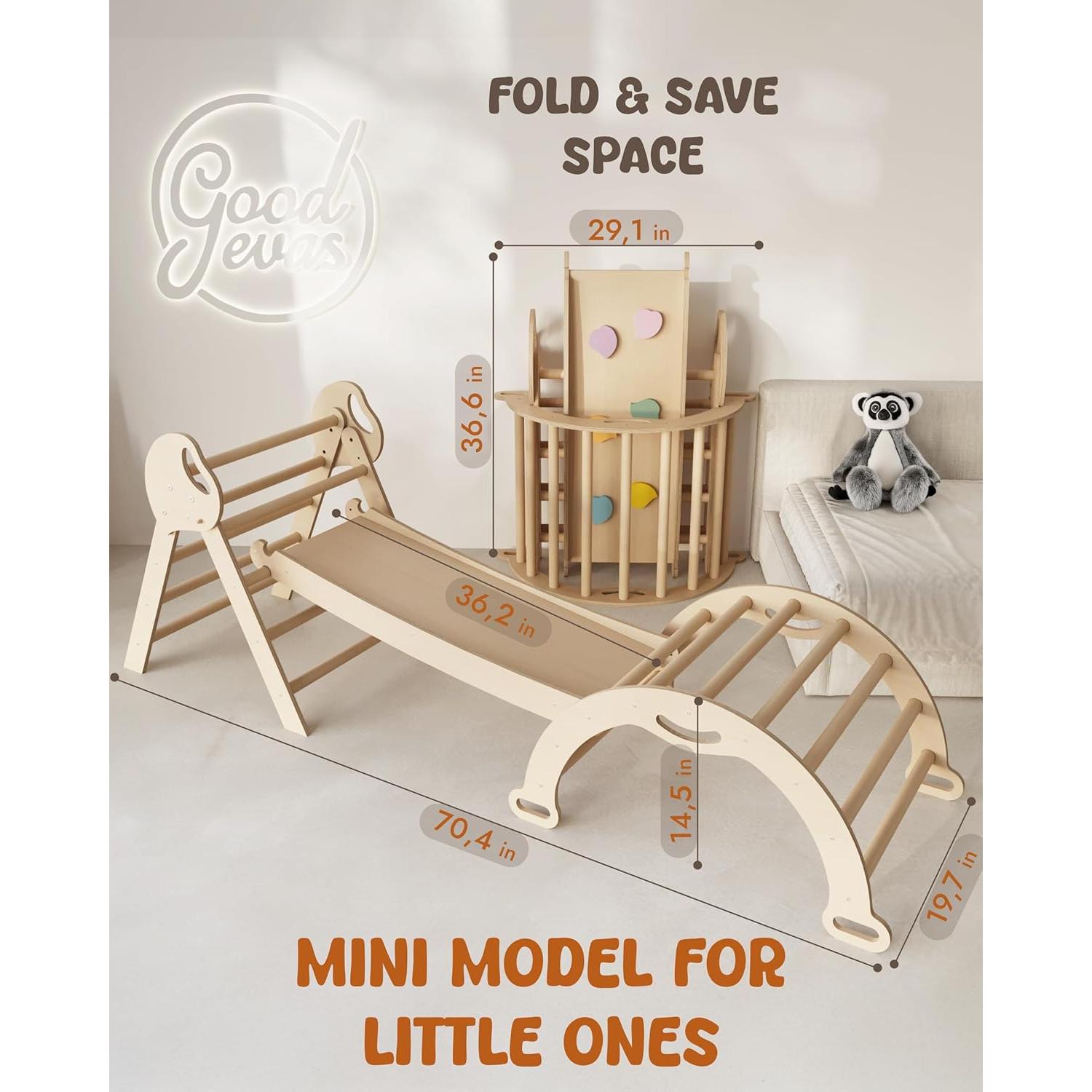 Set de Escalada Montessori 5 en 1 Goodevas - Triángulo Pikler, Arco, Cojín