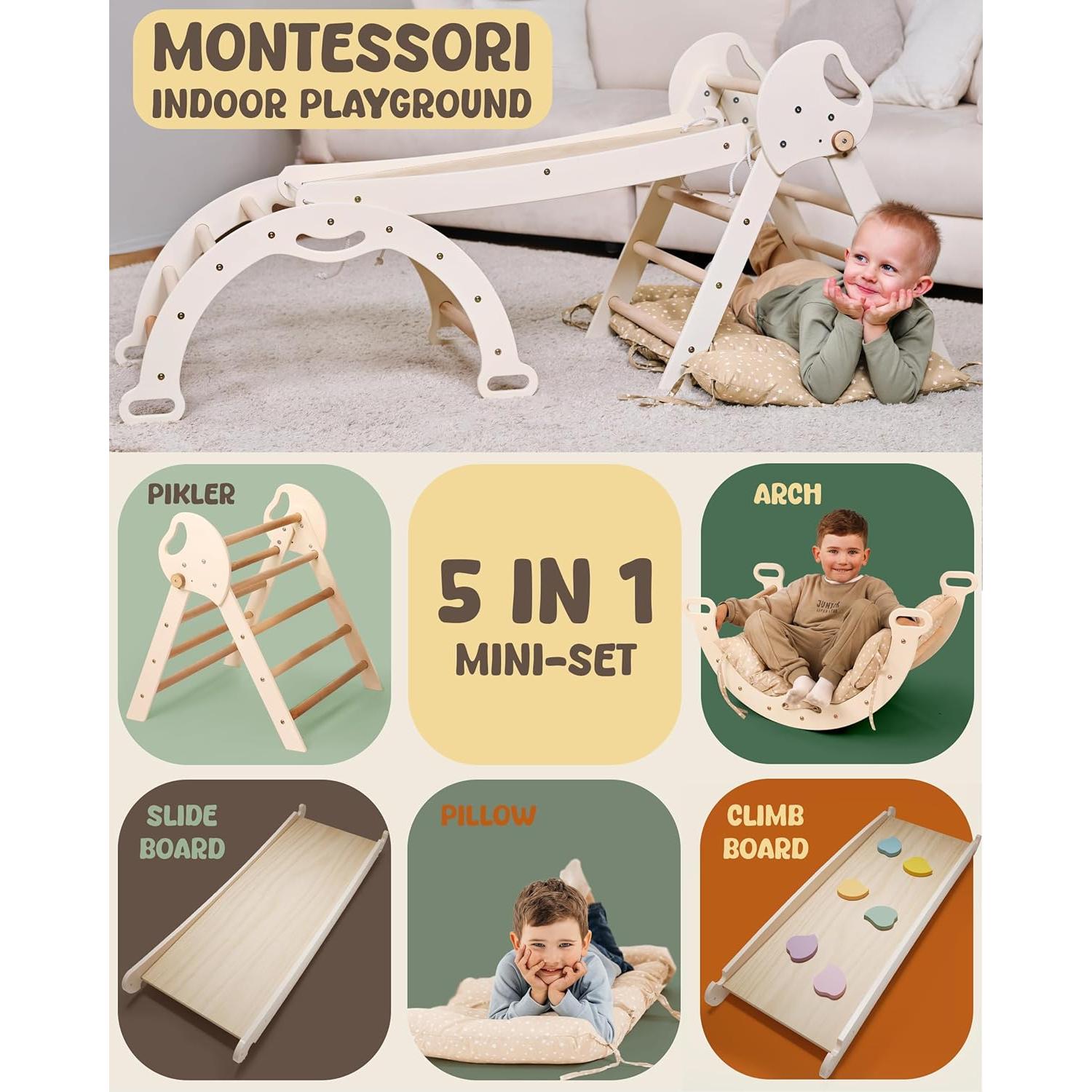 Set de Escalada Montessori 5 en 1 Goodevas - Triángulo Pikler, Arco, Cojín