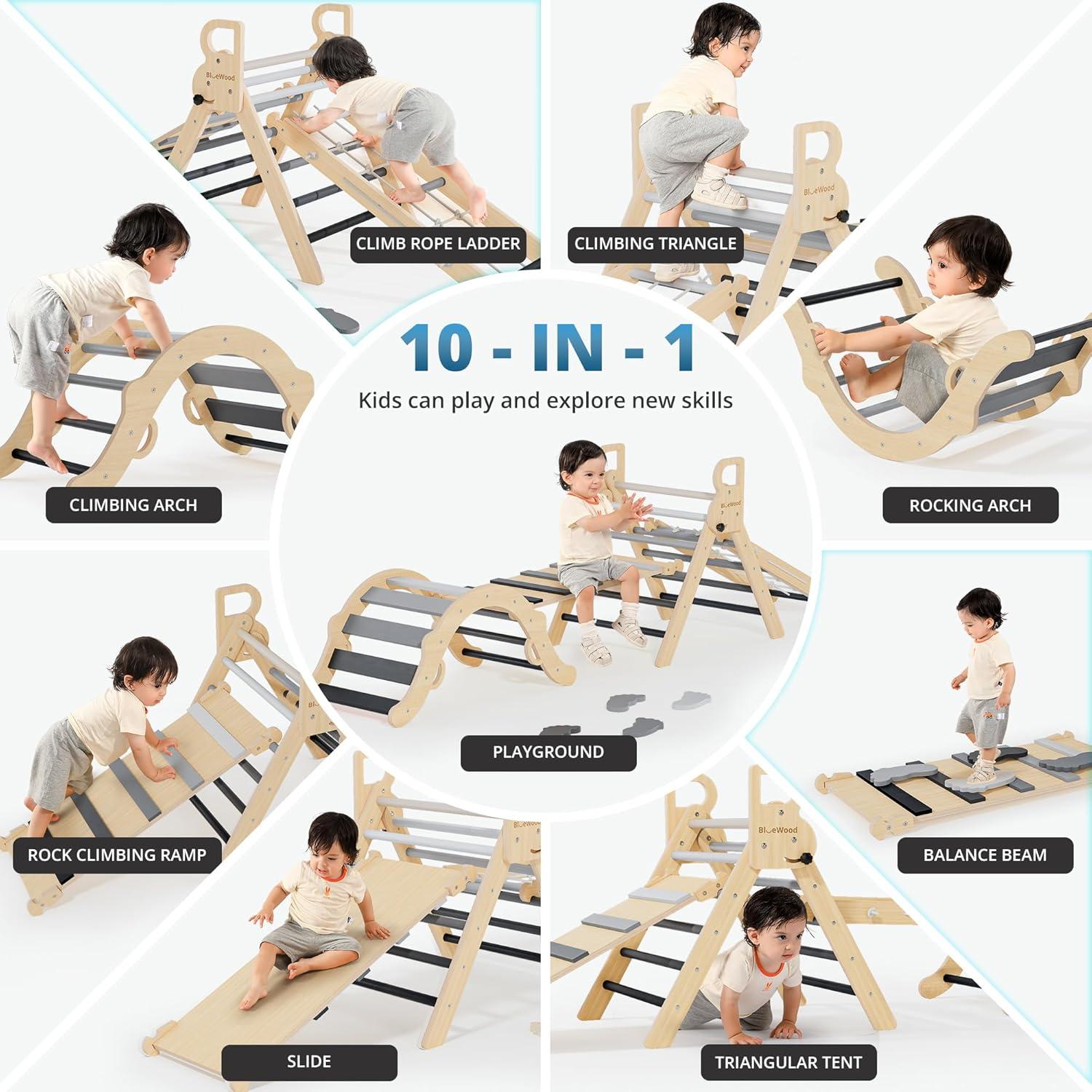 Conjunto Triángulo Pikler BlueWood 10-en-1 con Viga de Equilibrio