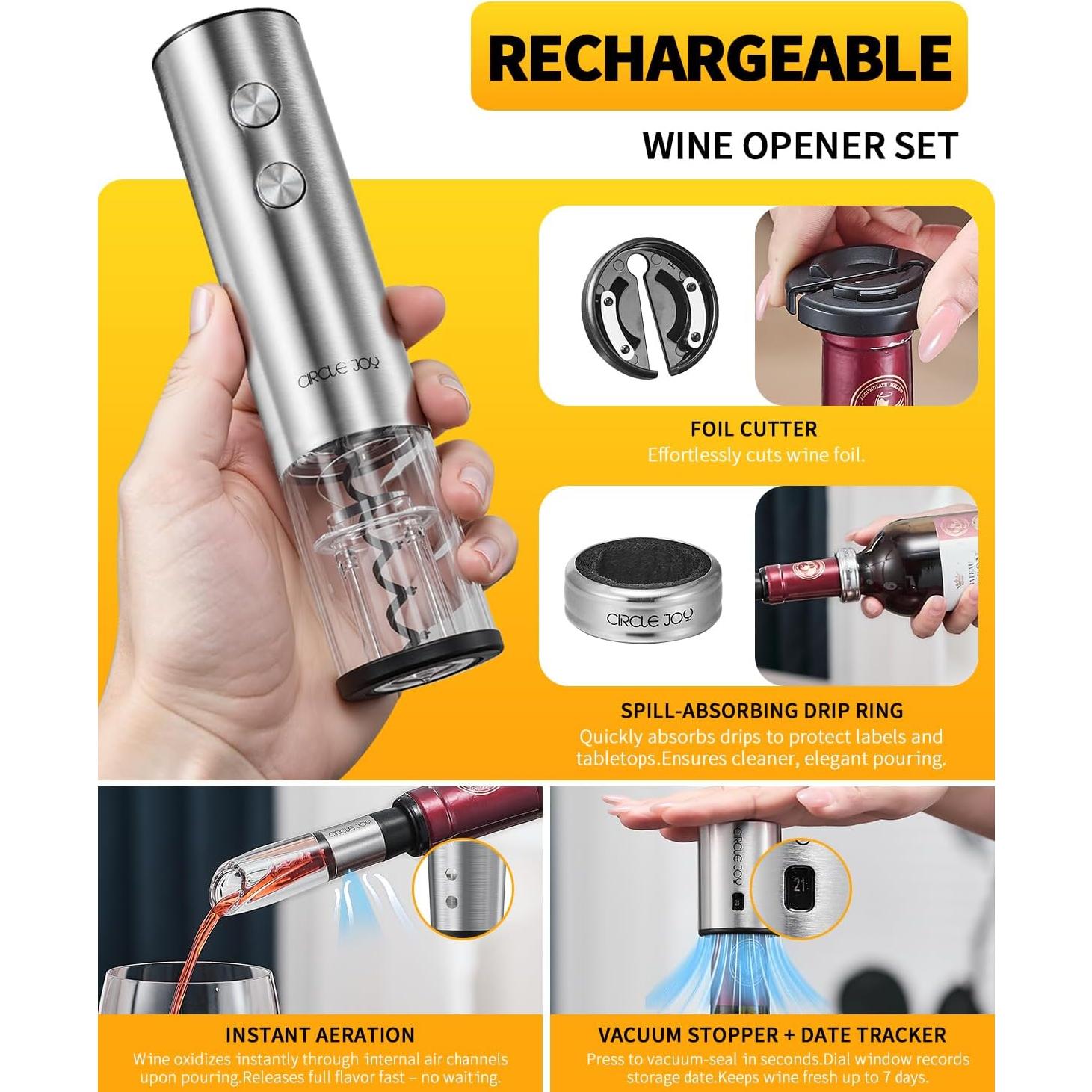 Abridor de Vino Eléctrico CIRCLE JOY 6-en-1 Recargable Plata