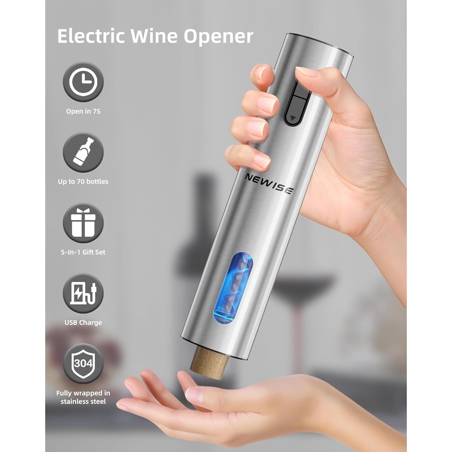 Juego de Vino Eléctrico Newise 4 en 1: Sacacorchos, Aerador, Tapones