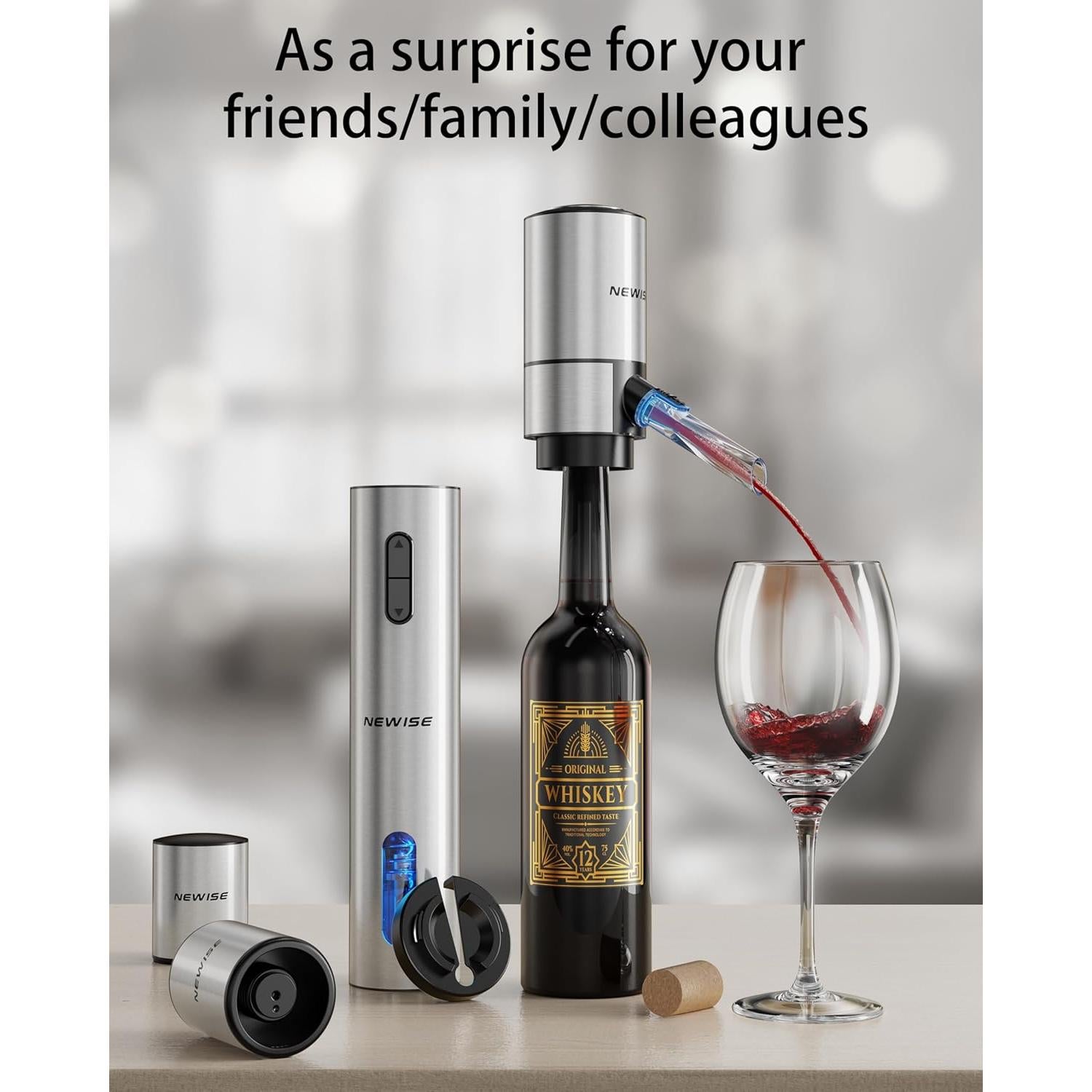 Juego de Vino Eléctrico Newise 4 en 1: Sacacorchos, Aerador, Tapones