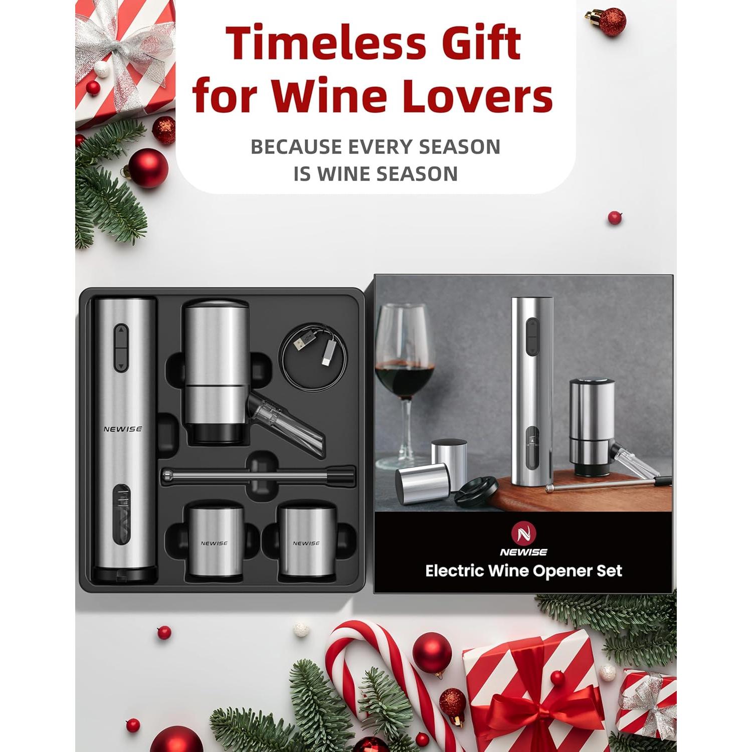 Juego de Vino Eléctrico Newise 4 en 1: Sacacorchos, Aerador, Tapones