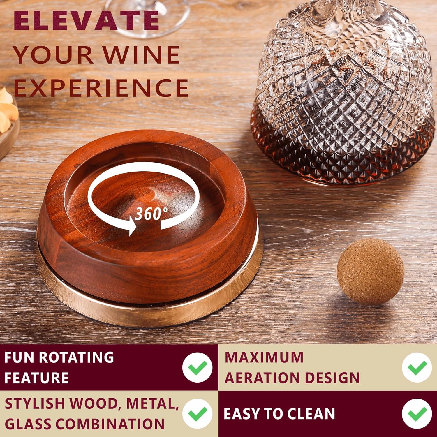 Decantador de Vino Giratorio ALLCENER 1.6L con Base de Madera