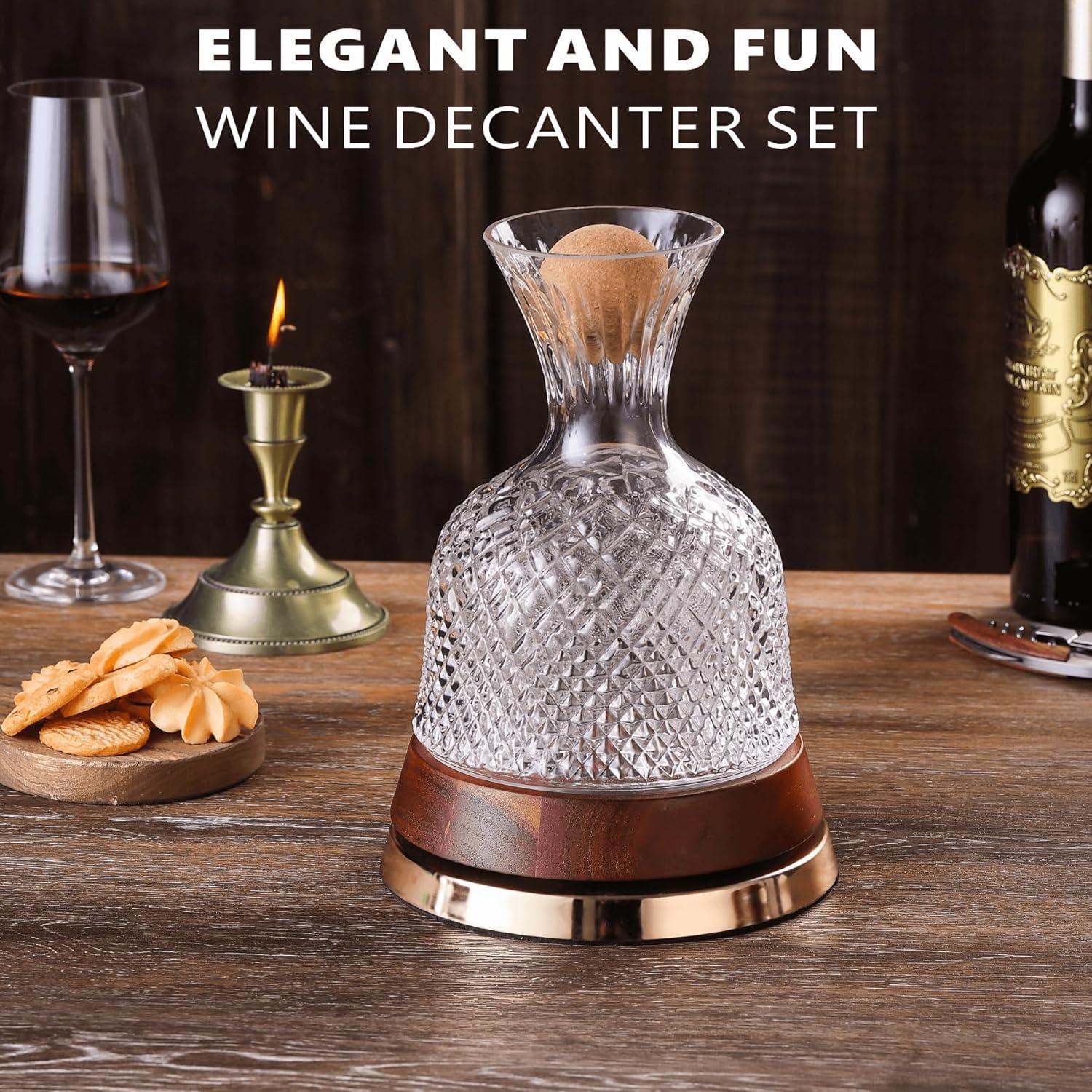 Decantador de Vino Giratorio ALLCENER 1.6L con Base de Madera