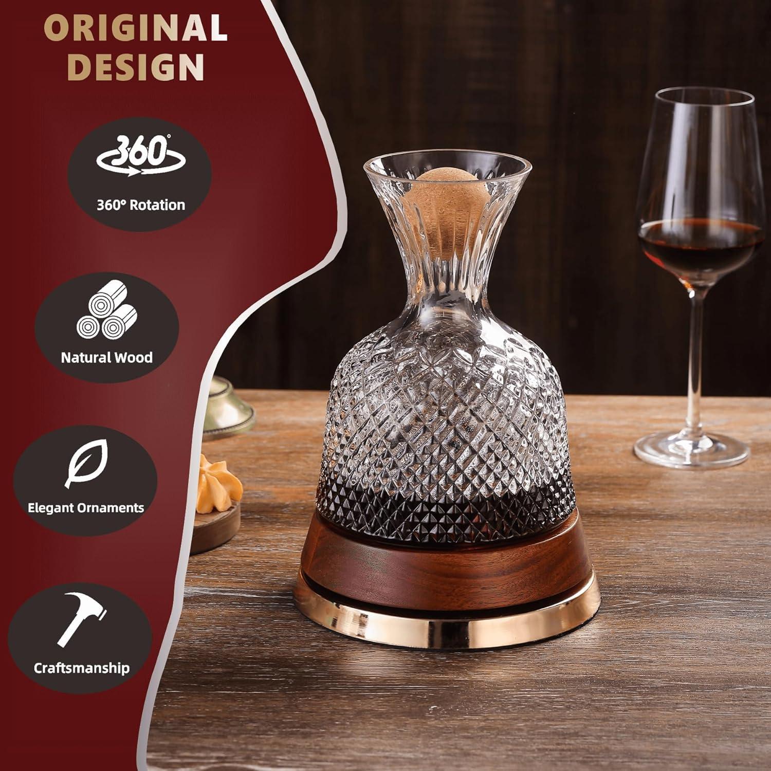 Decantador de Vino Giratorio ALLCENER 1.6L con Base de Madera