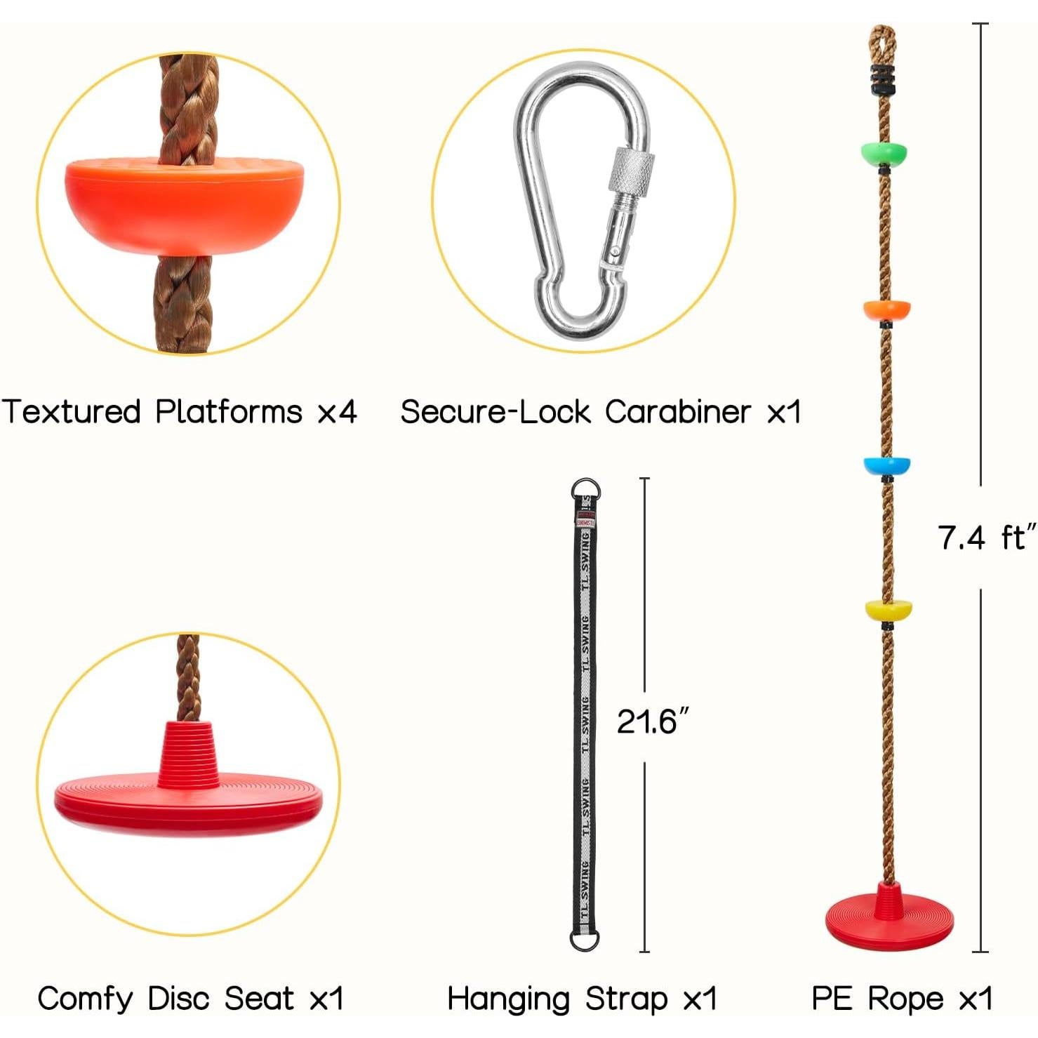 Columpio de Cuerda Ajustable DECORLIFE para Niños - Disco y Escalada