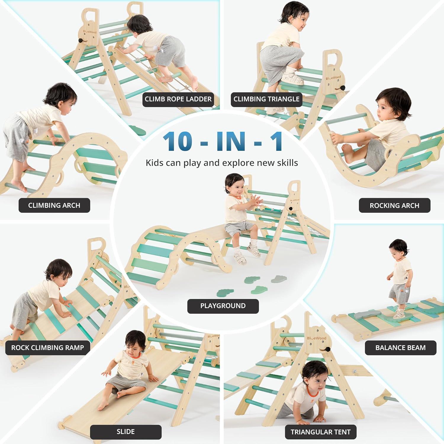 Conjunto de Escalada Montessori BlueWood 10 en 1 con Viga