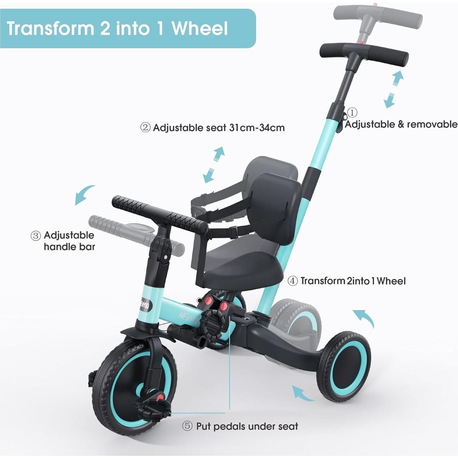 Triciclo Multifuncional Newyoo TR007 para Niños 1-3 Años Azul