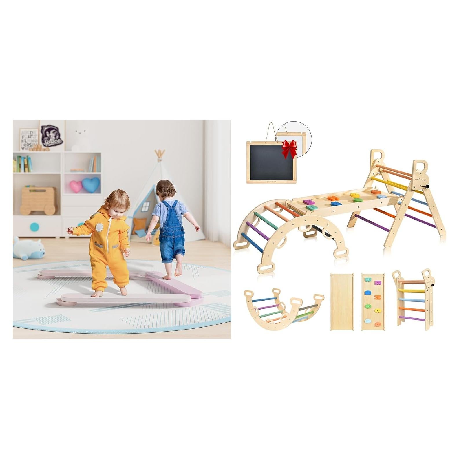 Conjunto Triángulo Pikler BlueWood con Viga de Equilibrio Rosa