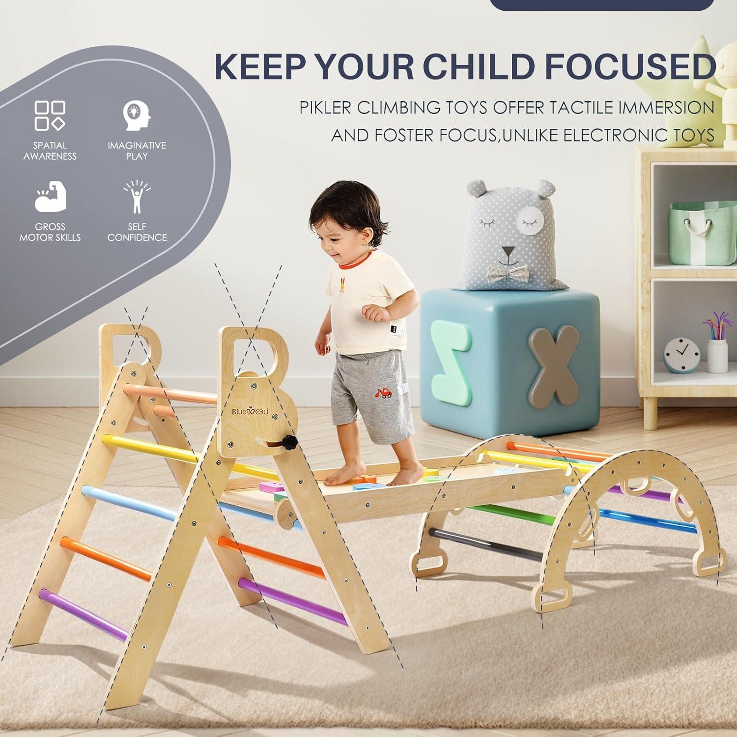 Conjunto Triángulo Pikler BlueWood con Viga de Equilibrio Rosa