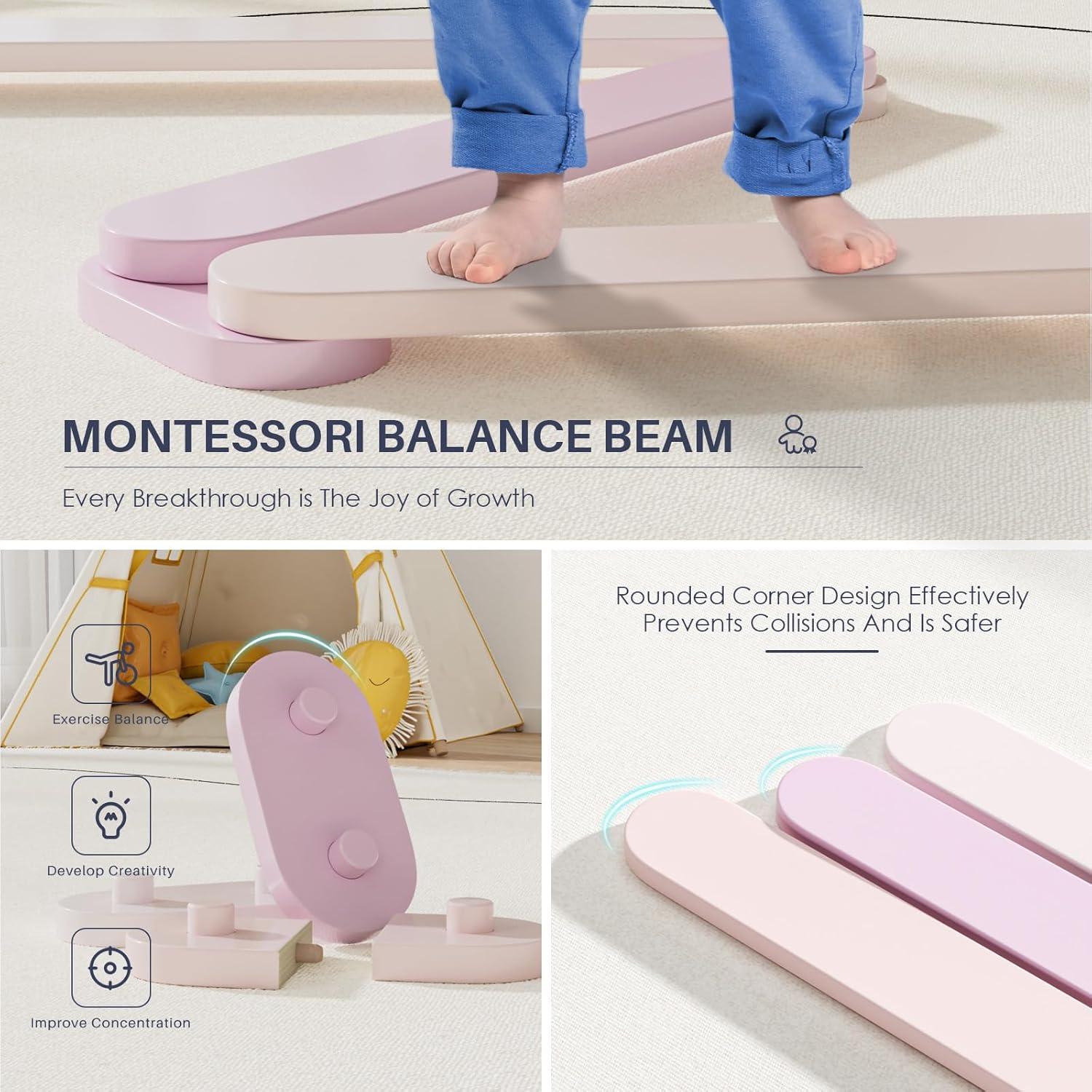 Conjunto Triángulo Pikler BlueWood con Viga de Equilibrio Rosa