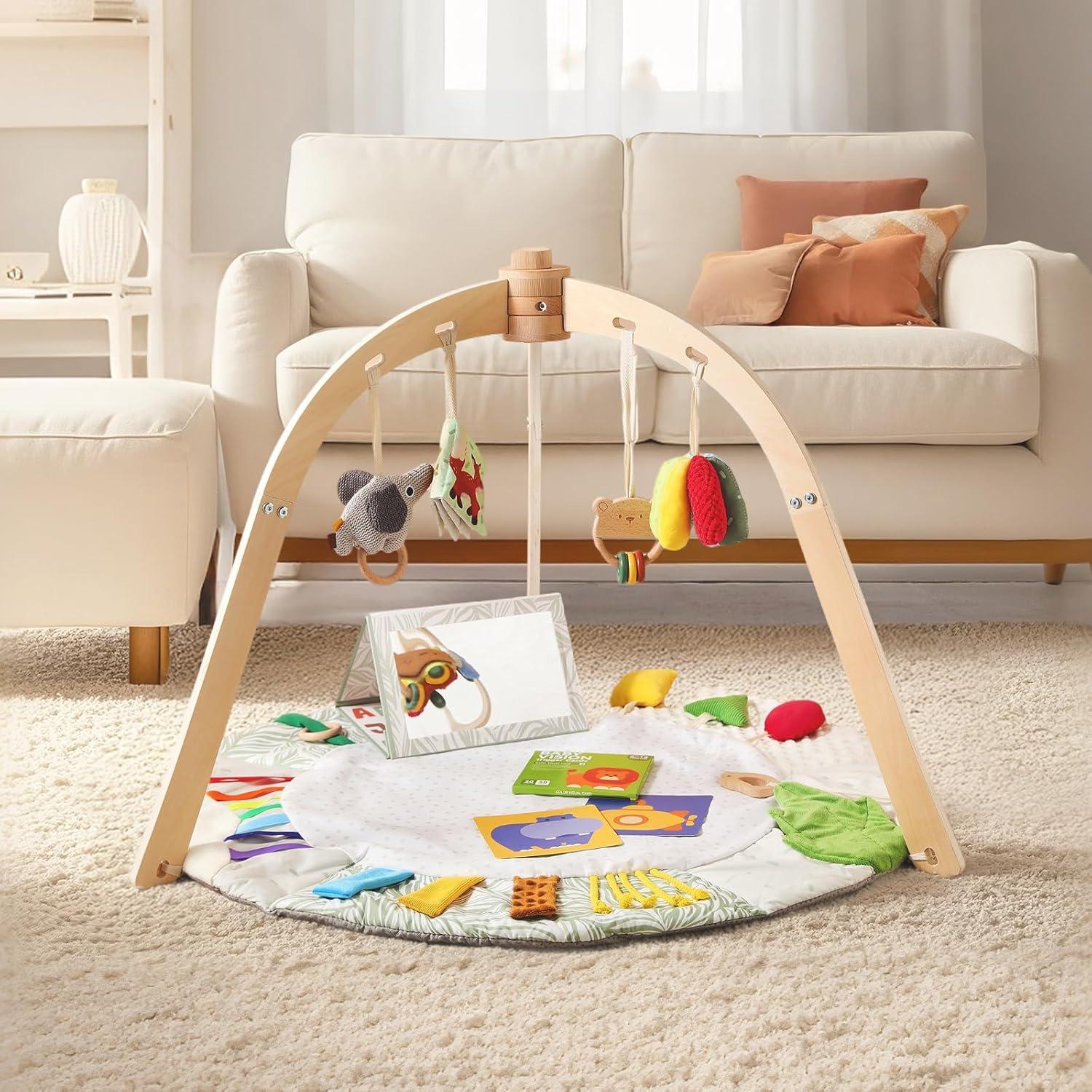 Gimnasio de Juego de Madera Montessori con 6 Juguetes para Bebés