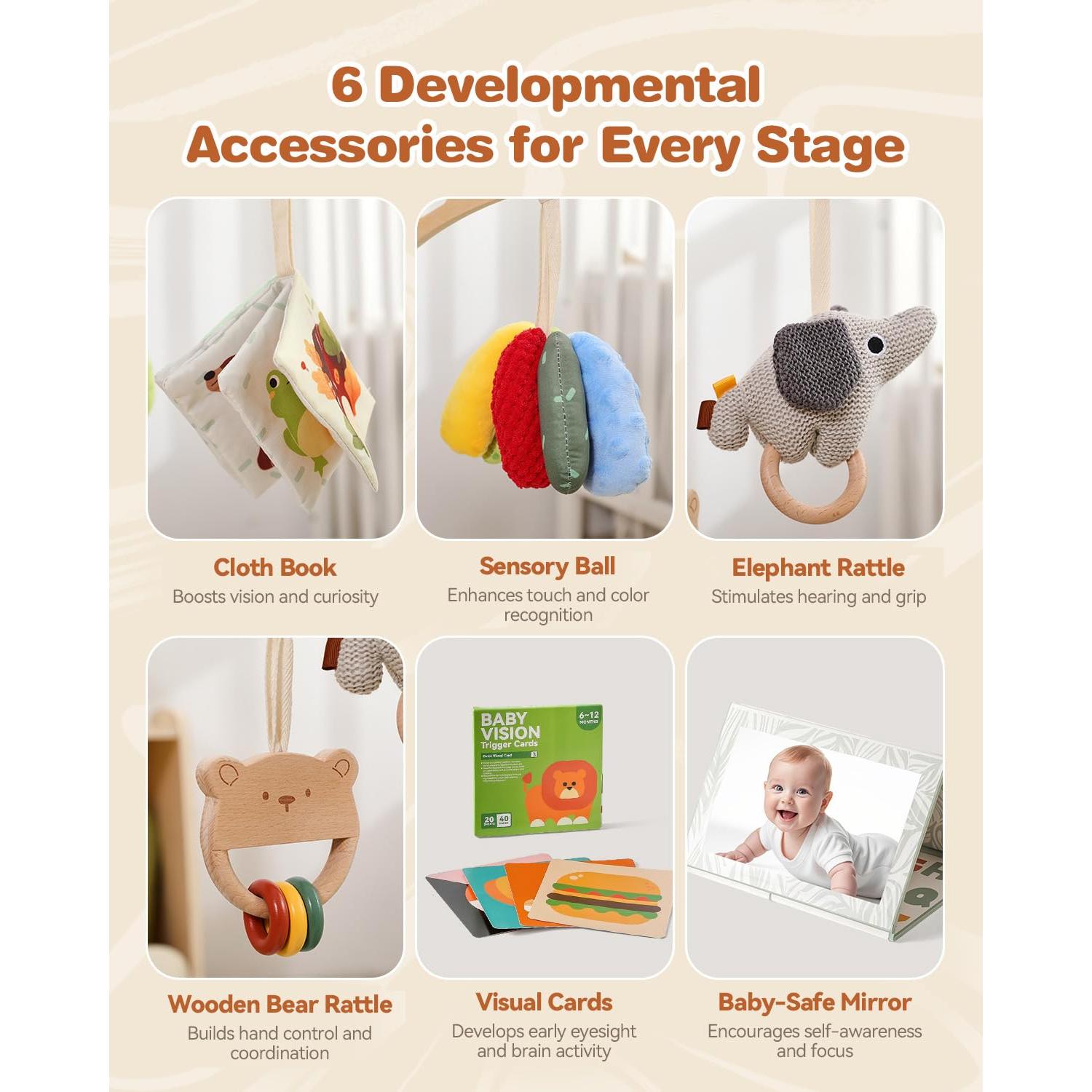 Gimnasio de Juego de Madera Montessori con 6 Juguetes para Bebés