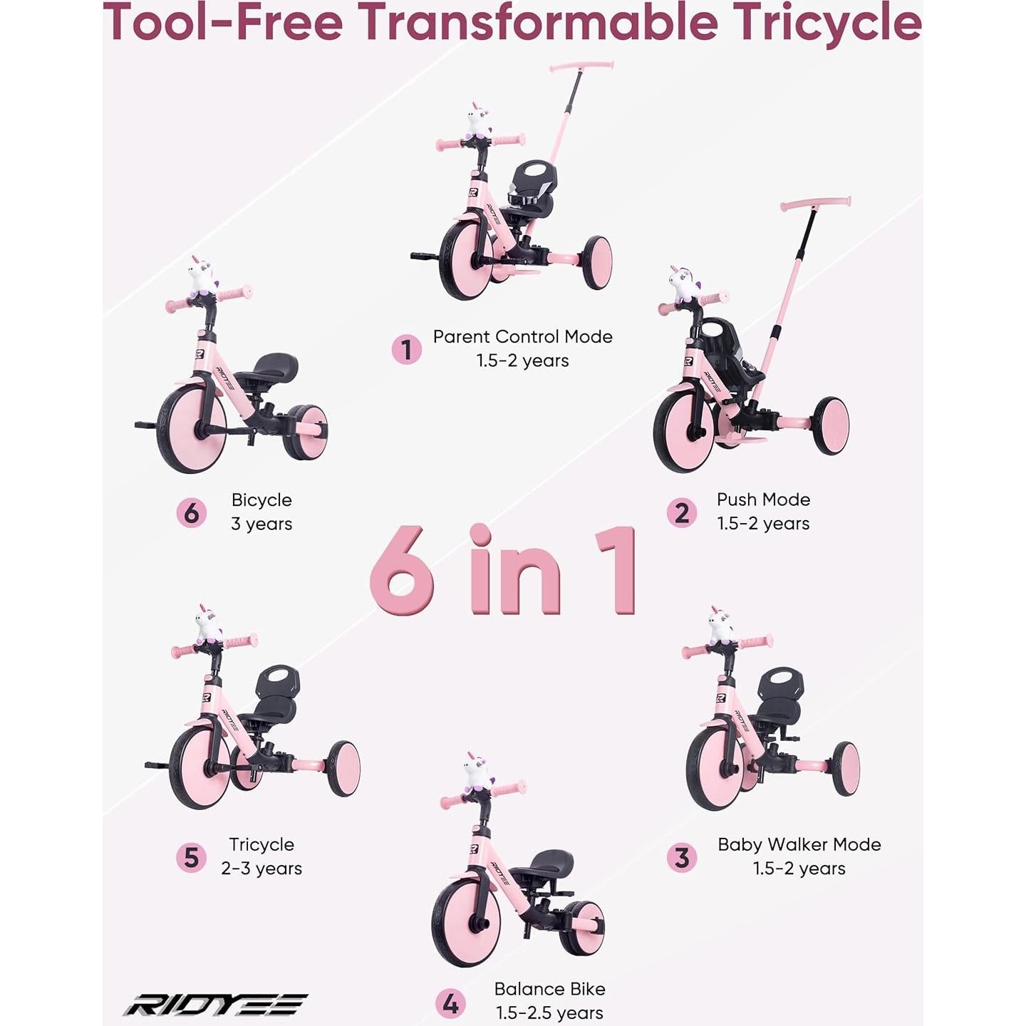 Triciclo 5-en-1 RIDYEE Rosa para Niños 1.5-3 Años