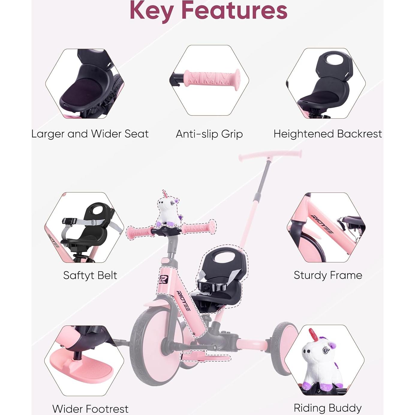Triciclo 5-en-1 RIDYEE Rosa para Niños 1.5-3 Años