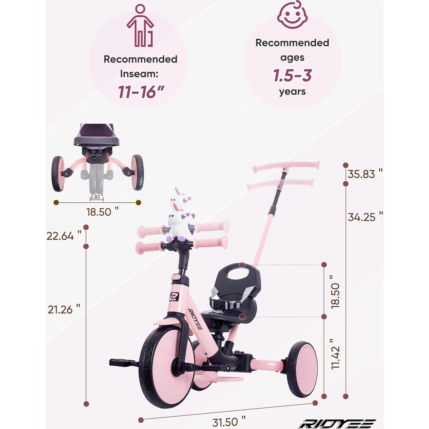 Triciclo 5-en-1 RIDYEE Rosa para Niños 1.5-3 Años