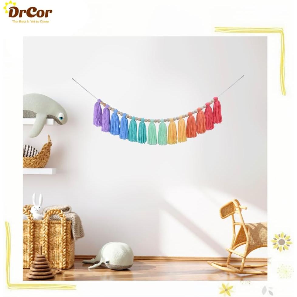 Guirnalda de Borlas Boho DrCor Arcoíris Hecha a Mano 2.28m