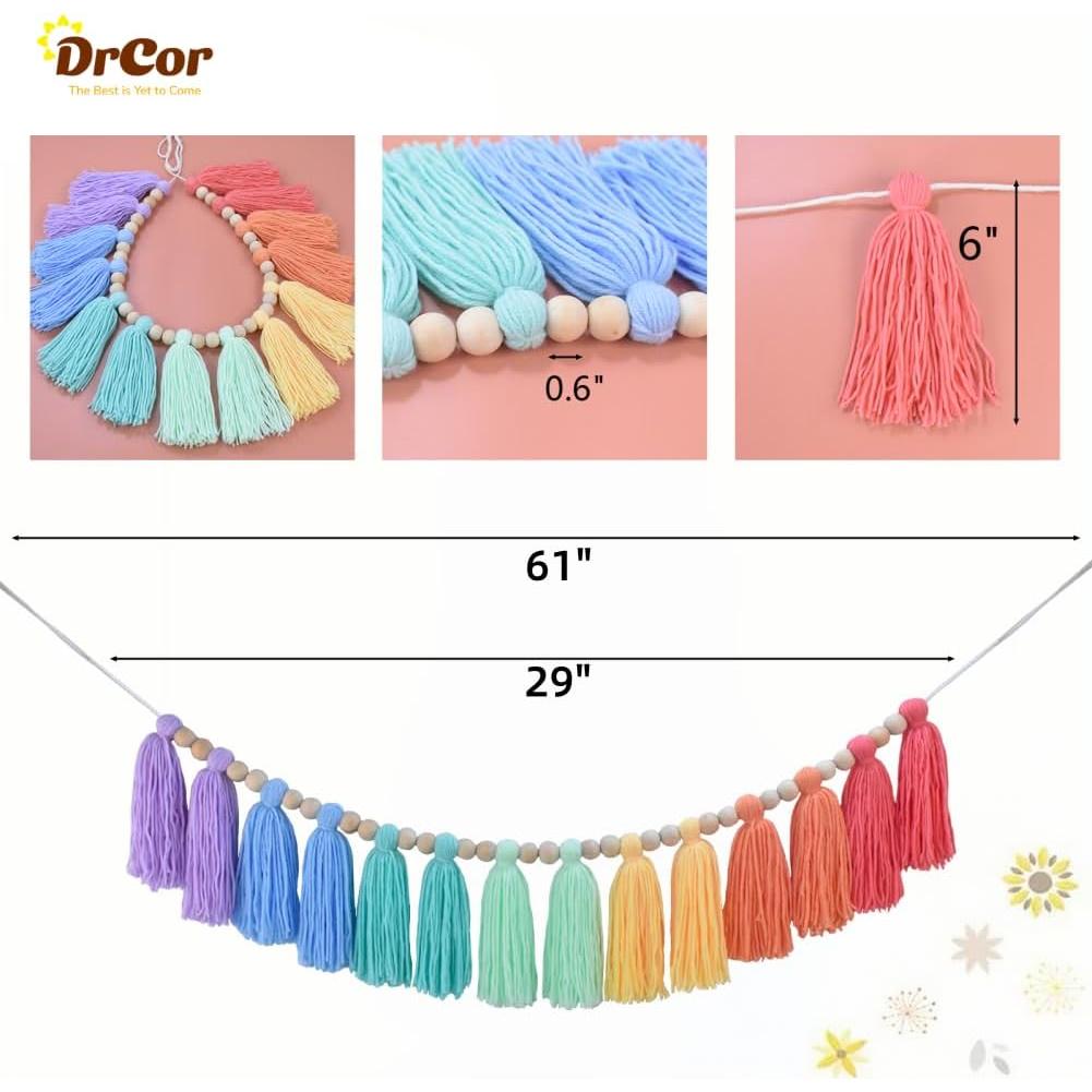 Guirnalda de Borlas Boho DrCor Arcoíris Hecha a Mano 2.28m