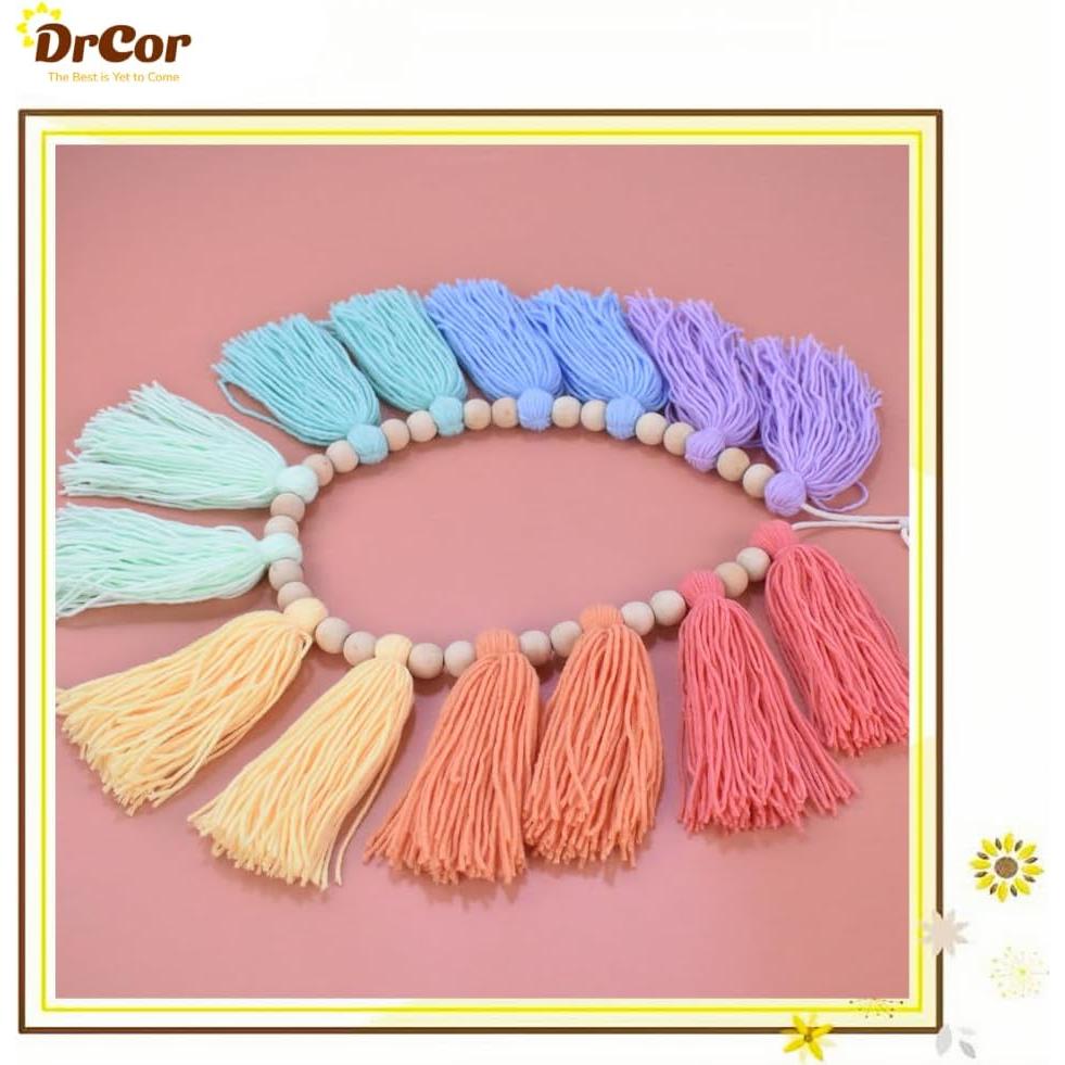 Guirnalda de Borlas Boho DrCor Arcoíris Hecha a Mano 2.28m