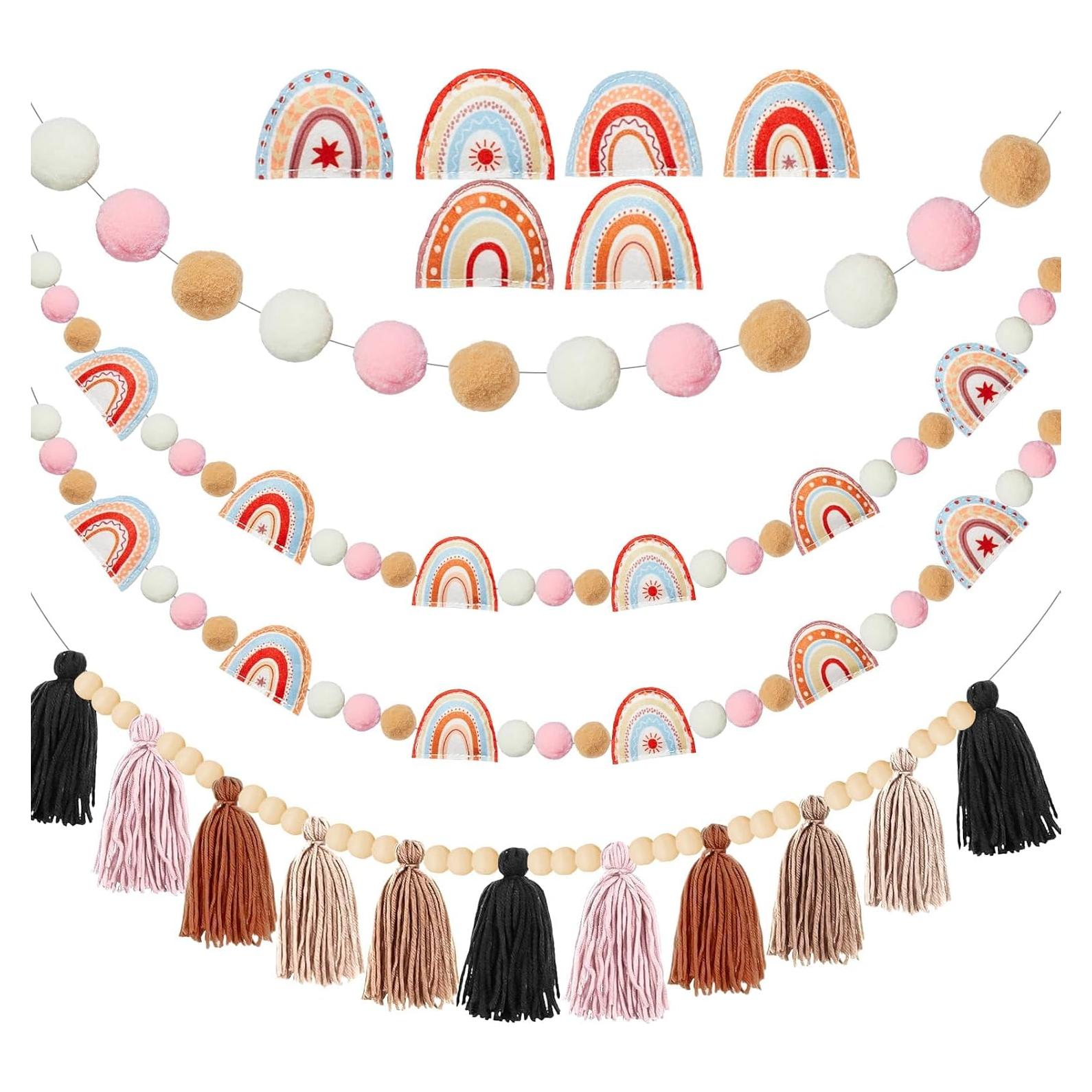 Guirnalda de Fieltro Boho QOUBAI 4 Pcs con Pom Poms y Borlas