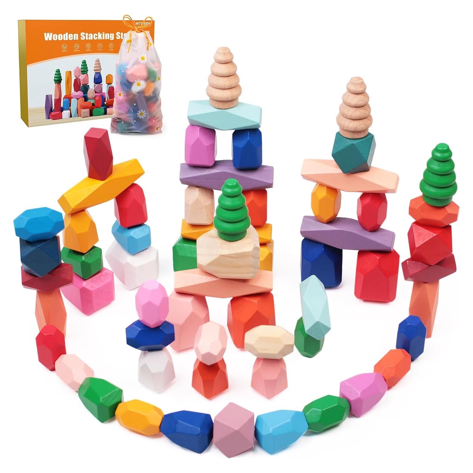 50 PCS Juguetes de Rocas Apilables Madera MTTIERY 3-5 Años