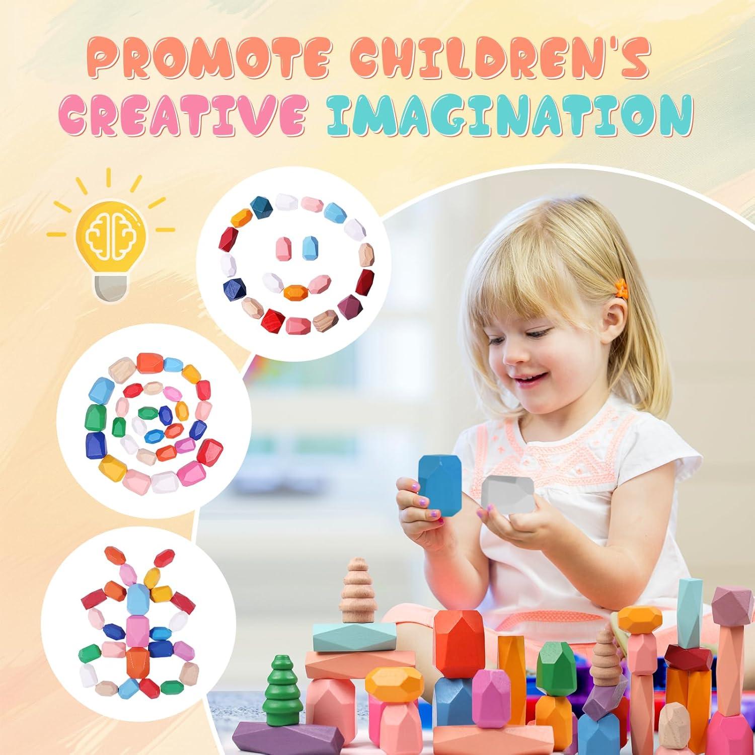 50 PCS Juguetes de Rocas Apilables Madera MTTIERY 3-5 Años